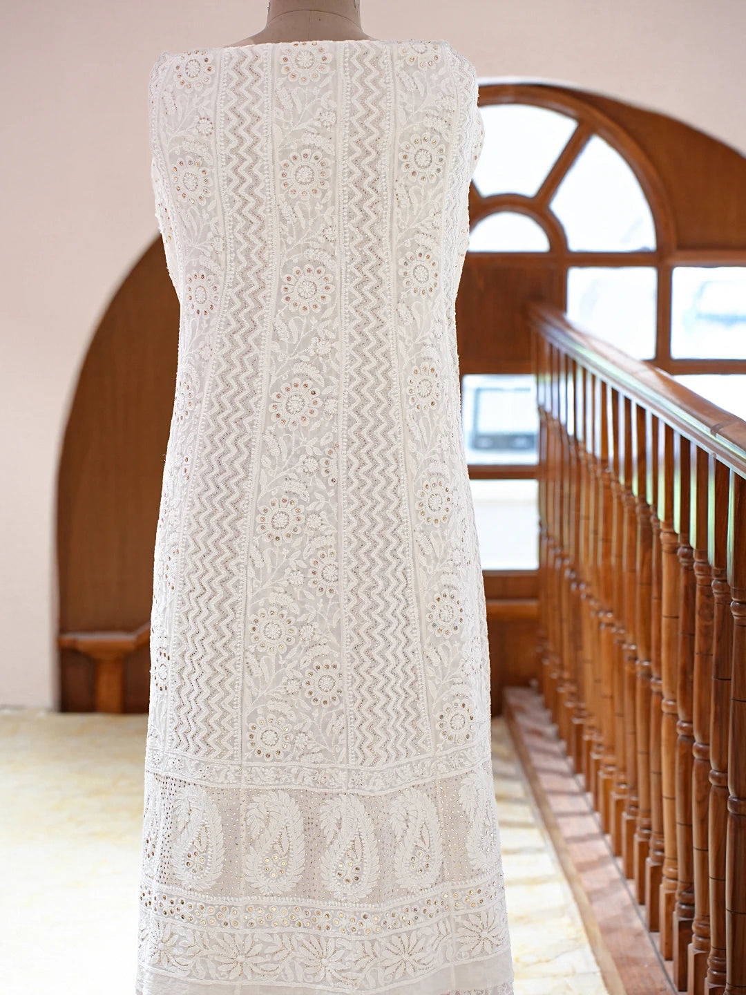 Ada Hand Embroidered White Pure Georgette Lucknowi Chikankari Semi-Stitched Anarkali Kurta Dupatta Set With Mukaish Work 01A722911