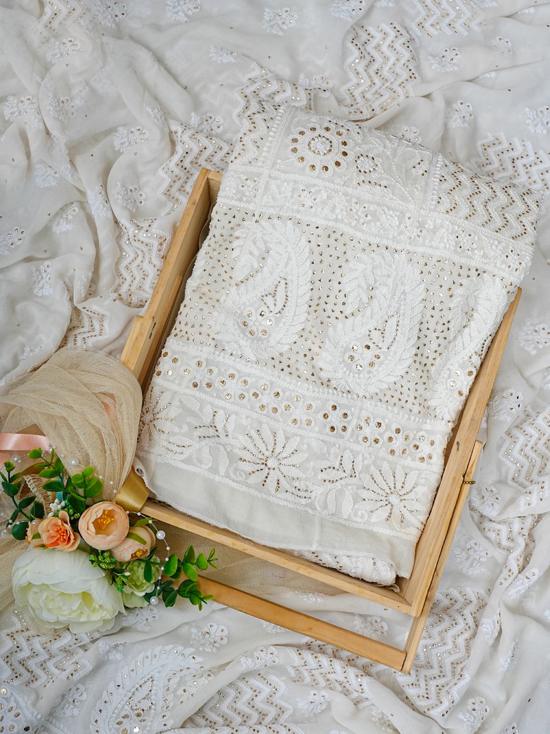 Ada Hand Embroidered White Pure Georgette Lucknowi Chikankari Semi-Stitched Anarkali Kurta Dupatta Set With Mukaish Work 01A722911