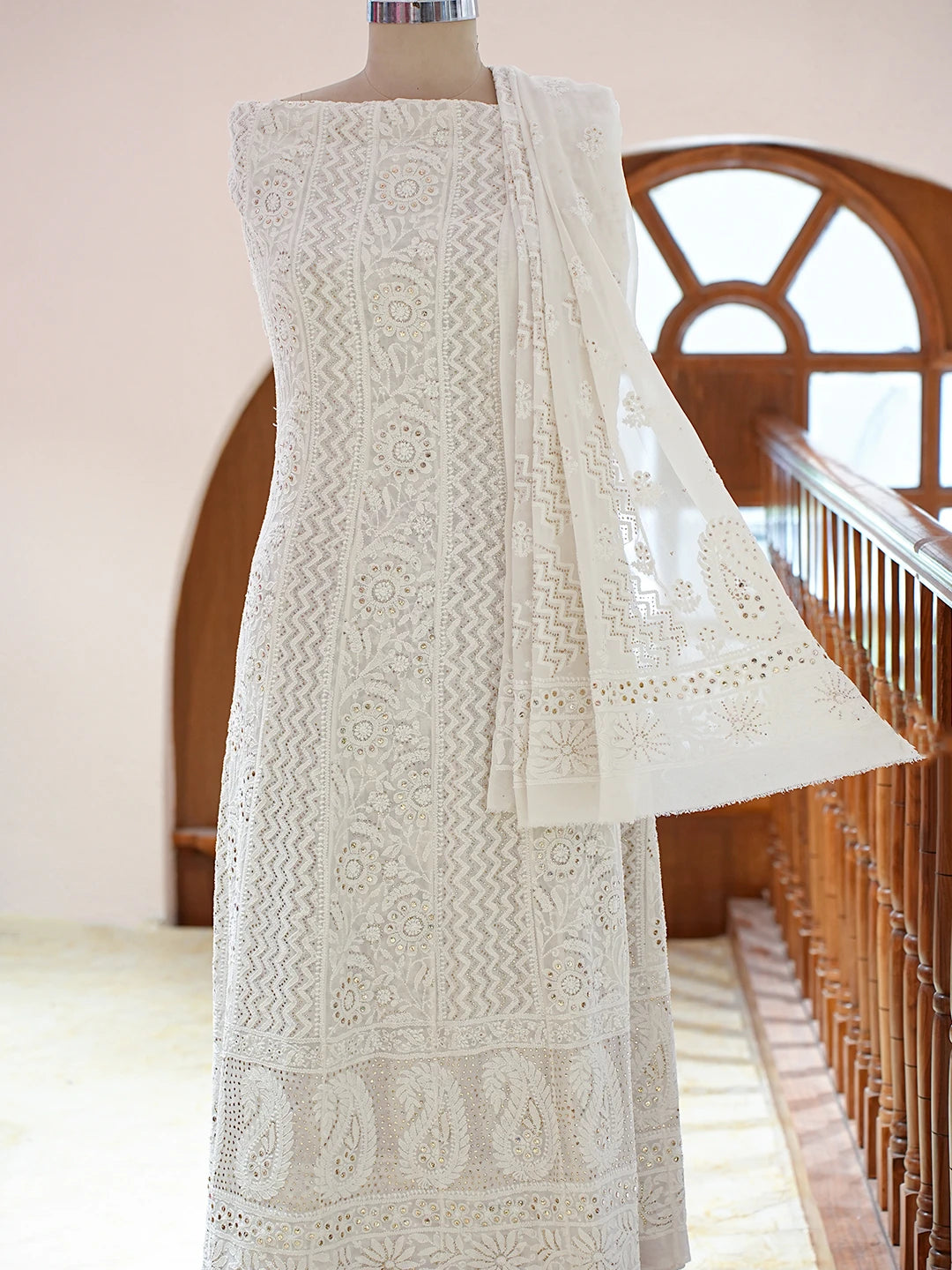 Ada Hand Embroidered White Pure Georgette Lucknowi Chikankari Semi-Stitched Anarkali Kurta Dupatta Set With Mukaish Work 01A722911