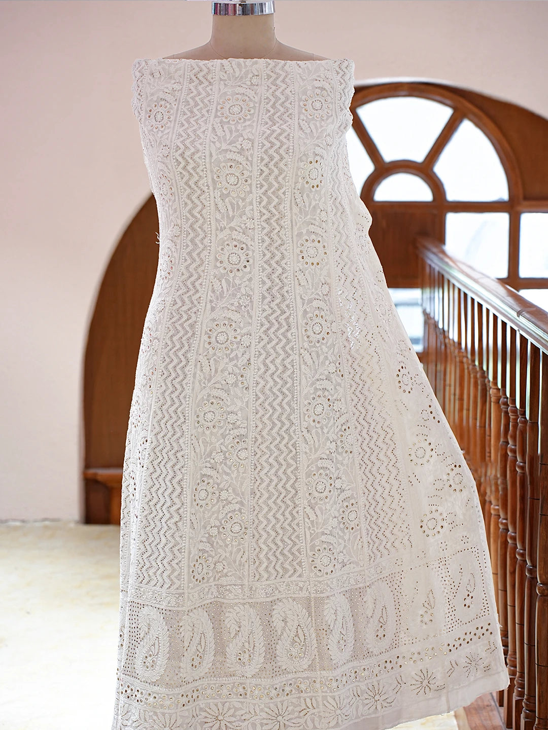 Ada Hand Embroidered White Pure Georgette Lucknowi Chikankari Semi-Stitched Anarkali Kurta Dupatta Set With Mukaish Work 01A722911