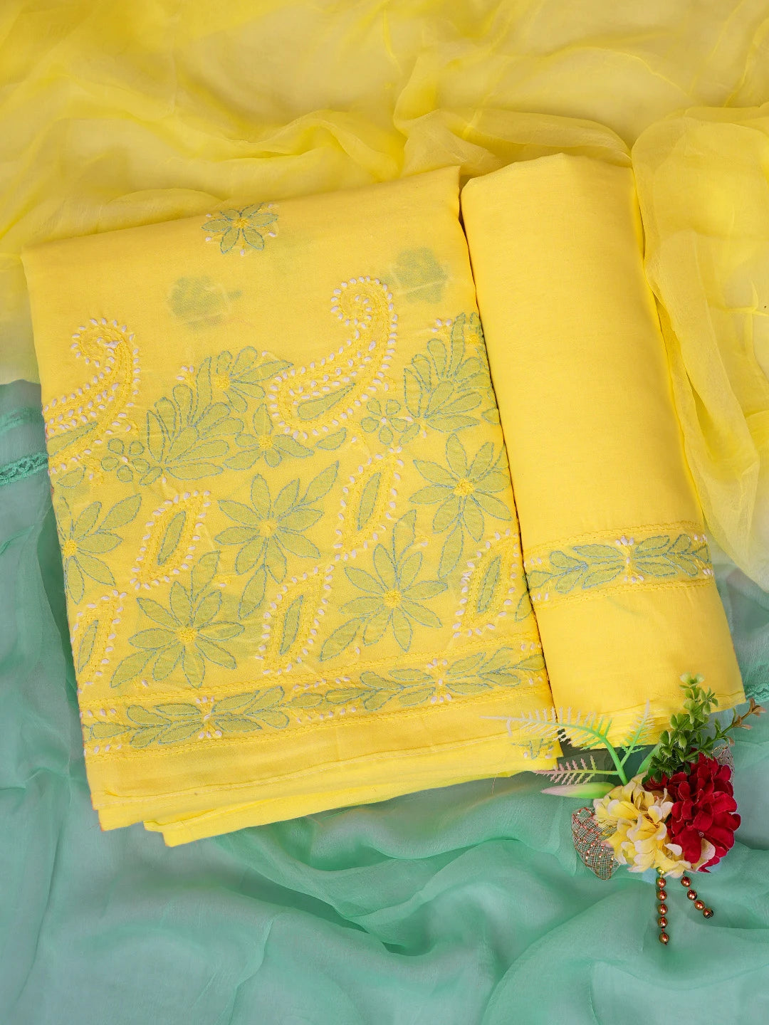 Ada Hand Embroidered Yellow Cotton Lucknowi Chikankari Unstitched Suit Piece 01A819195