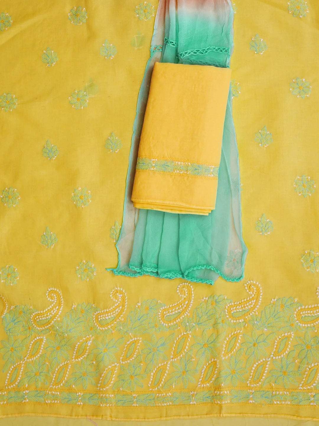 Ada Hand Embroidered Yellow Cotton Lucknowi Chikankari Unstitched Suit Piece 01A819195