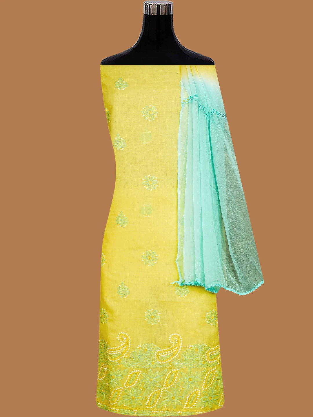 Ada Hand Embroidered Yellow Cotton Lucknowi Chikankari Unstitched Suit Piece 01A819195