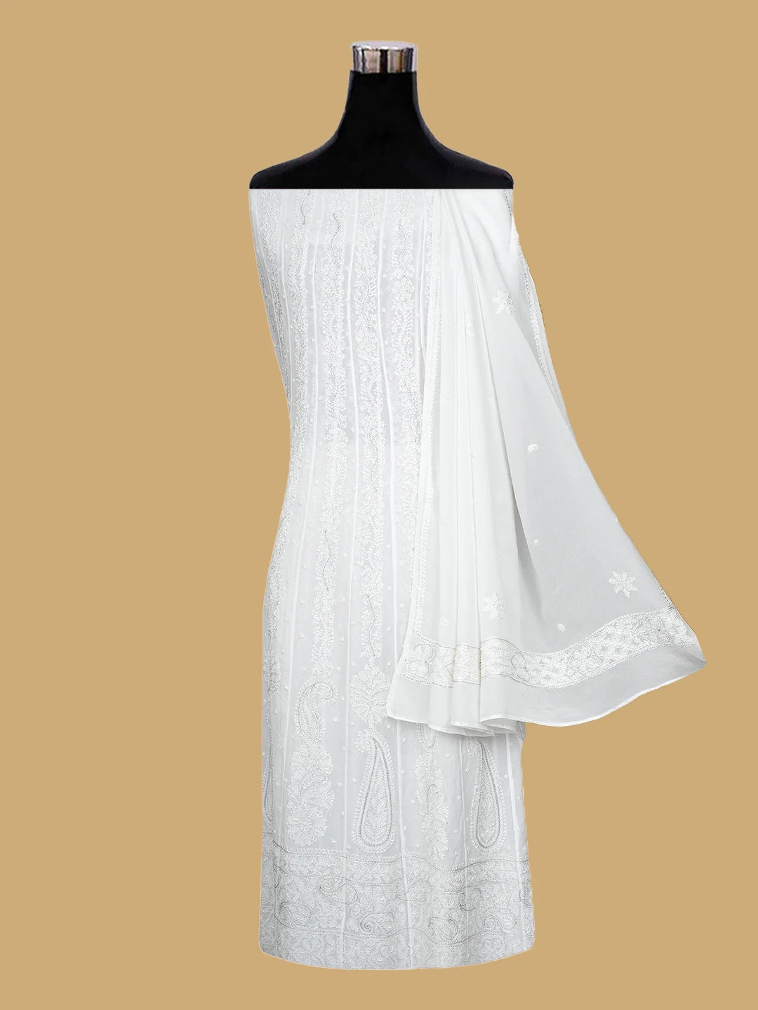 Ada Hand Embroidered White Viscose Georgette Lucknowi Chikankari Semi-Stitched Anarkali Kurta Dupatta Set With Pearl Work 01A813849