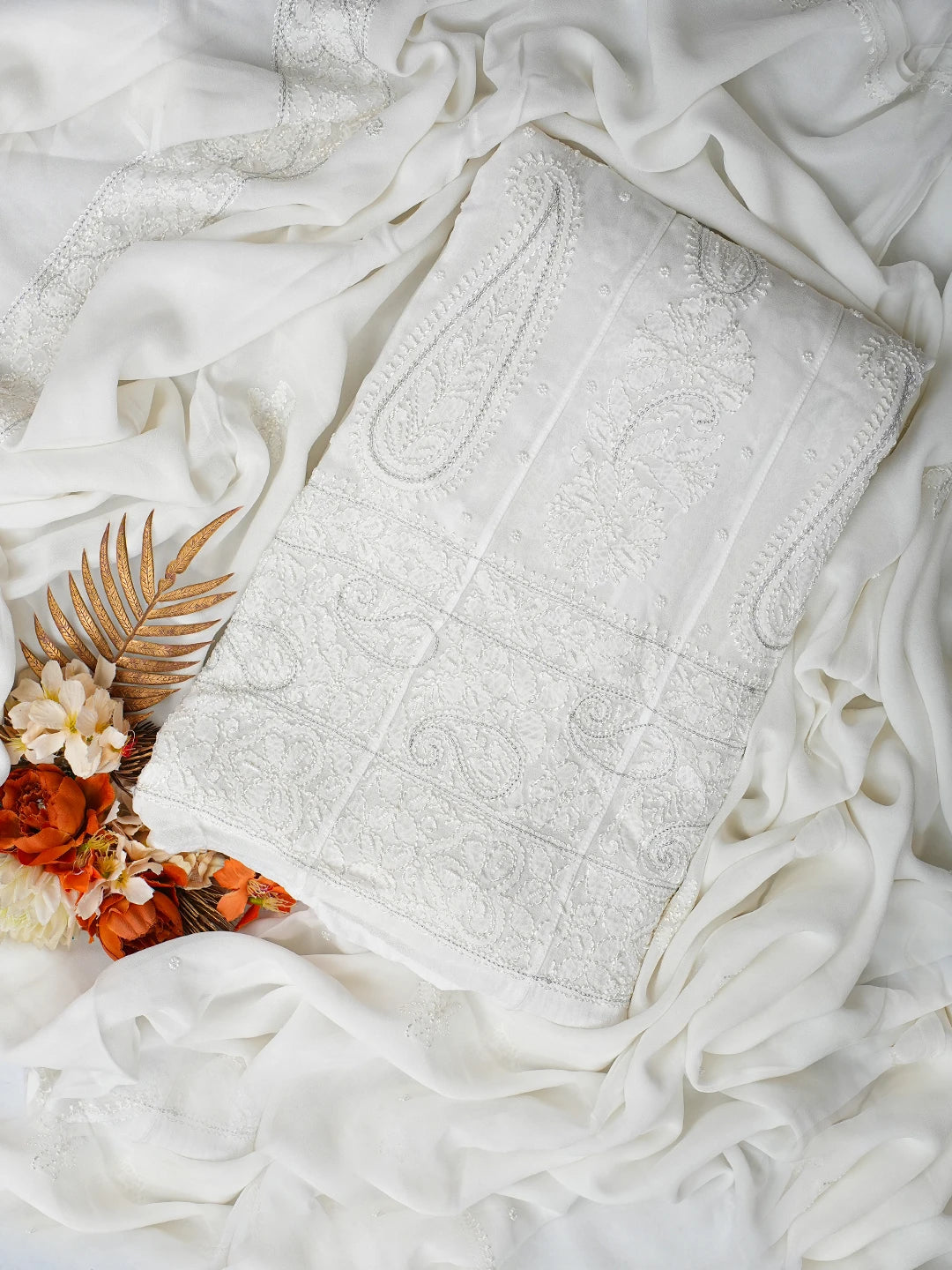 Ada Hand Embroidered White Viscose Georgette Lucknowi Chikankari Semi-Stitched Anarkali Kurta Dupatta Set With Pearl Work 01A813849