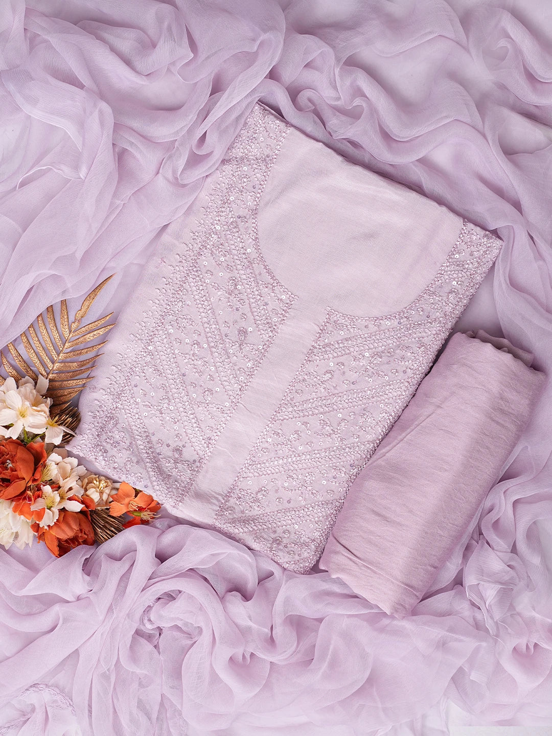 Ada Hand Embroidered Thistle Purple Muslin Lucknowi Chikankari Unstitched Suit Piece With Cutdana Work 01A814879