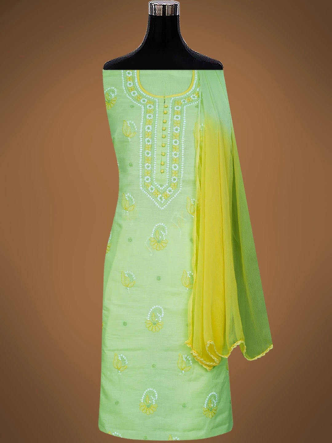 Ada Hand Embroidered Lime Green Cotton Lucknowi Chikankari Unstitched Suit Piece 01A818837