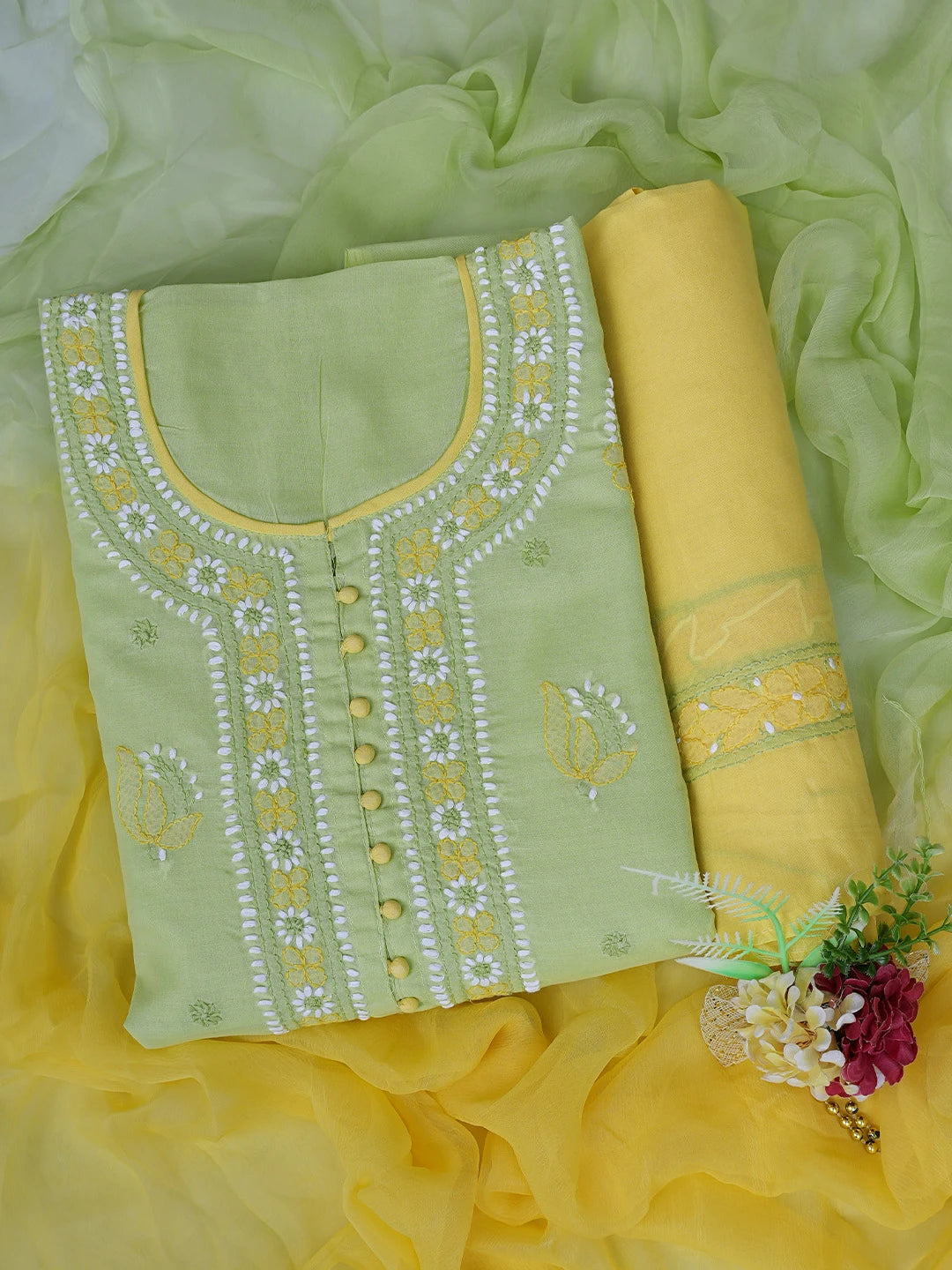 Ada Hand Embroidered Lime Green Cotton Lucknowi Chikankari Unstitched Suit Piece 01A818837