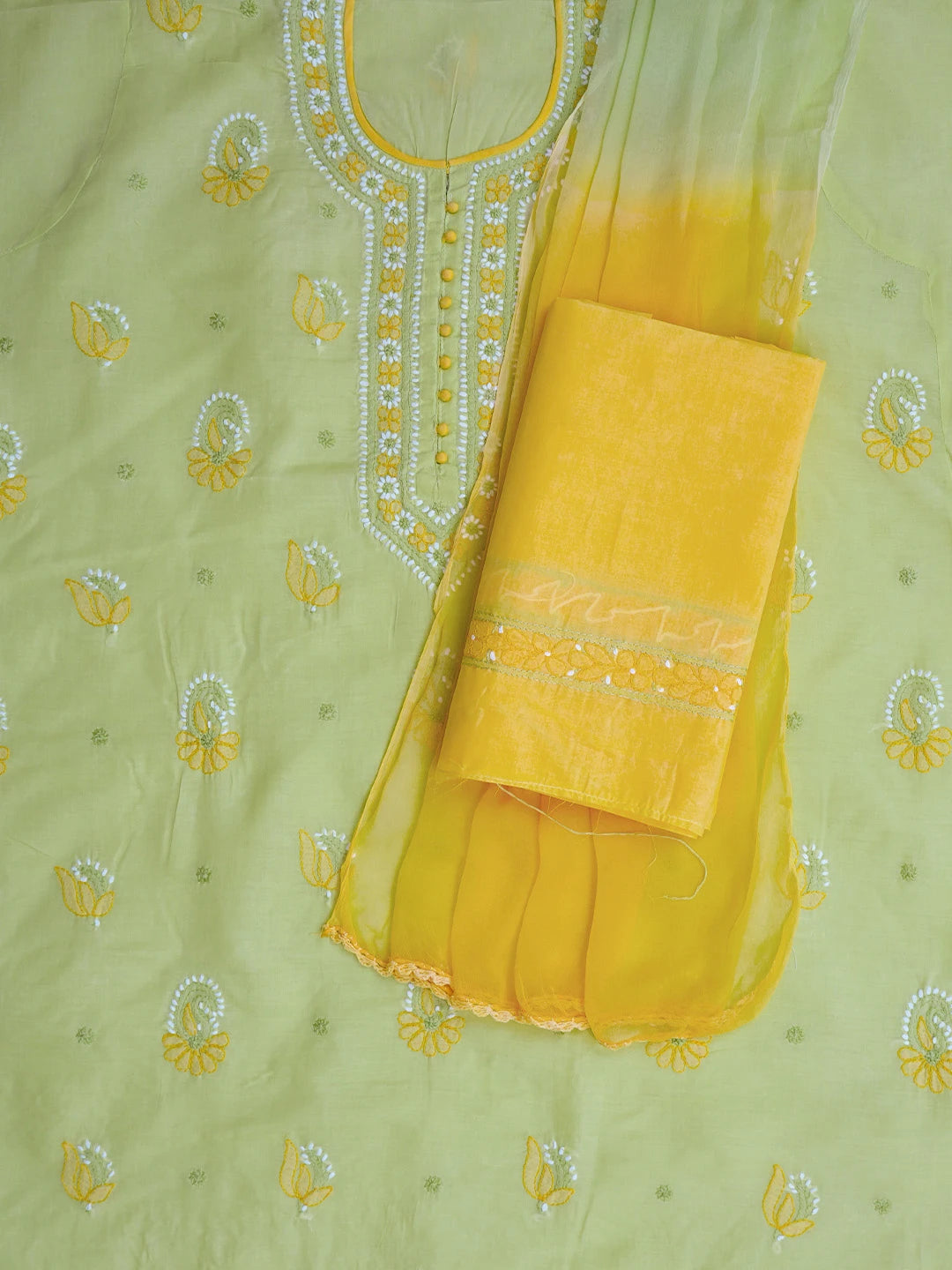 Ada Hand Embroidered Lime Green Cotton Lucknowi Chikankari Unstitched Suit Piece 01A818837
