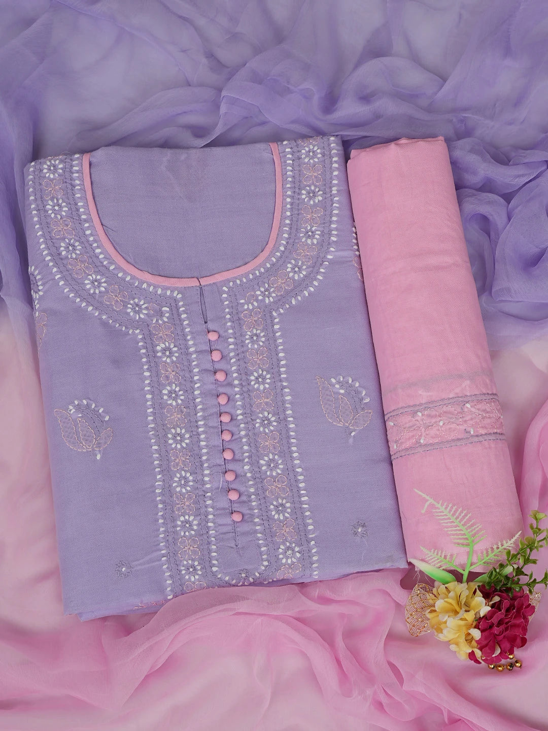 Ada Hand Embroidered Mauve Cotton Lucknowi Chikankari Unstitched Suit Piece 01A818844