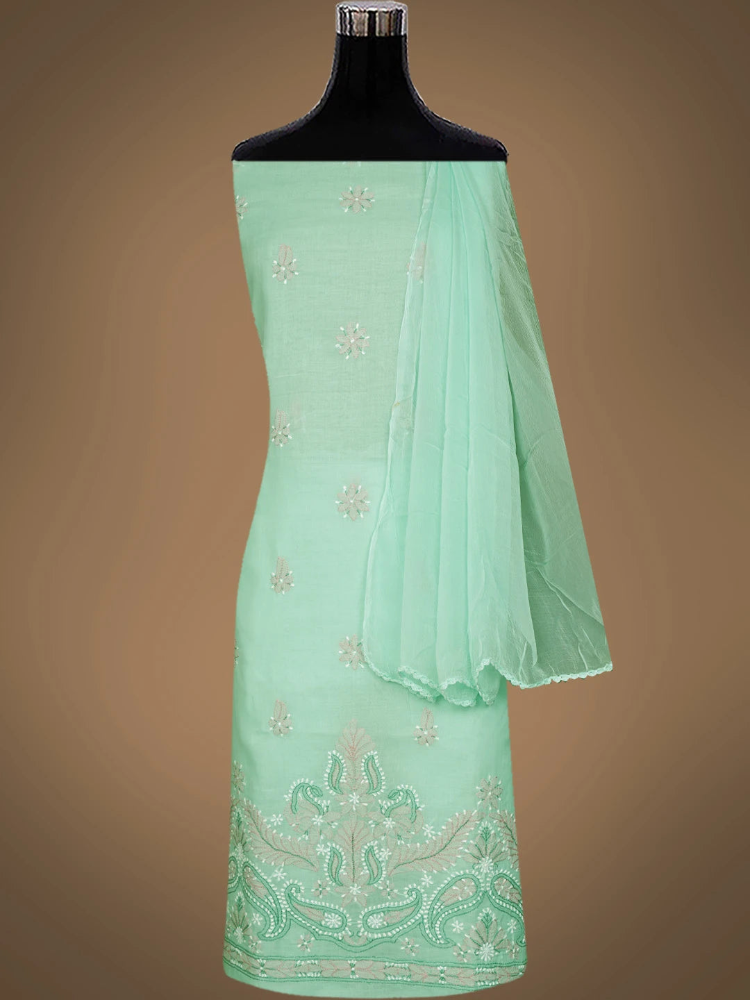 Ada Hand Embroidered Sea Green Cotton Lucknowi Chikankari Unstitched Suit Piece 01A819204