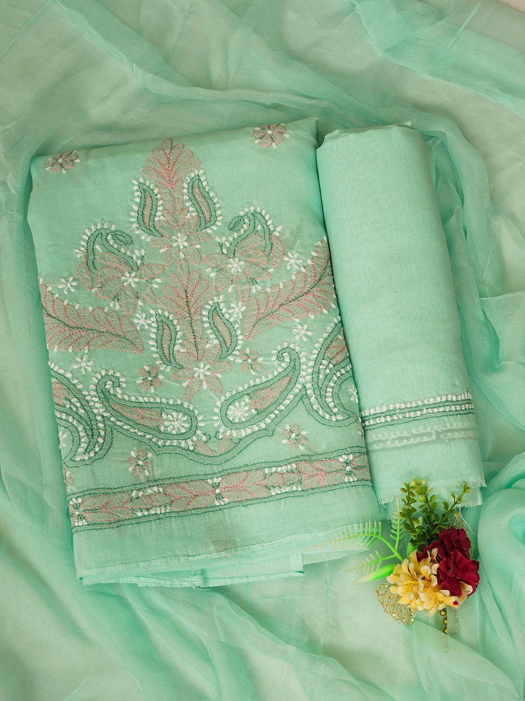 Ada Hand Embroidered Sea Green Cotton Lucknowi Chikankari Unstitched Suit Piece 01A819204