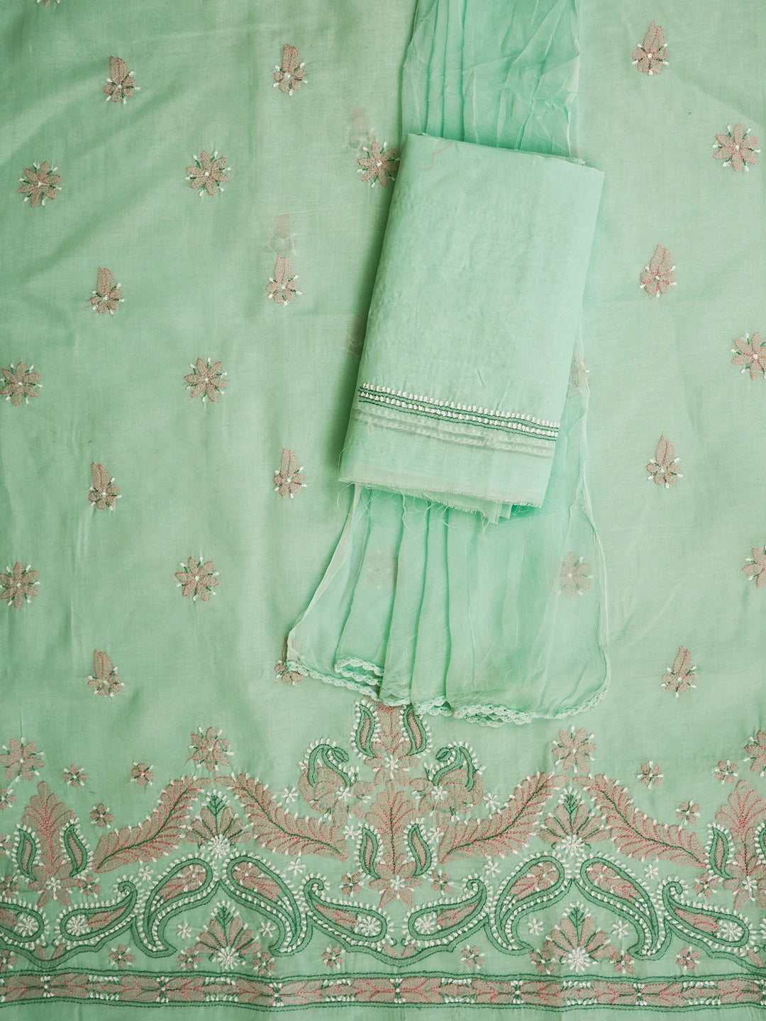 Ada Hand Embroidered Sea Green Cotton Lucknowi Chikankari Unstitched Suit Piece 01A819204