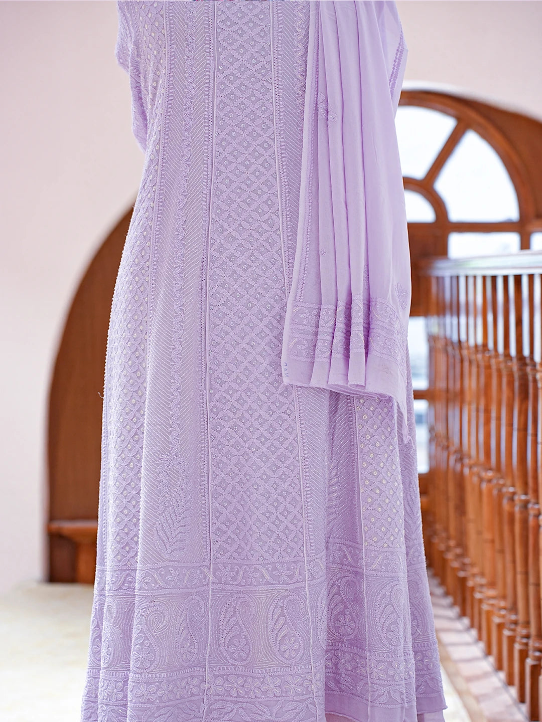 Ada Hand Embroidered Lavender Viscose Georgette Lucknowi Chikankari Semi-Stitched Anarkali Kurta Dupatta Set With Cutdana Work 01A800442