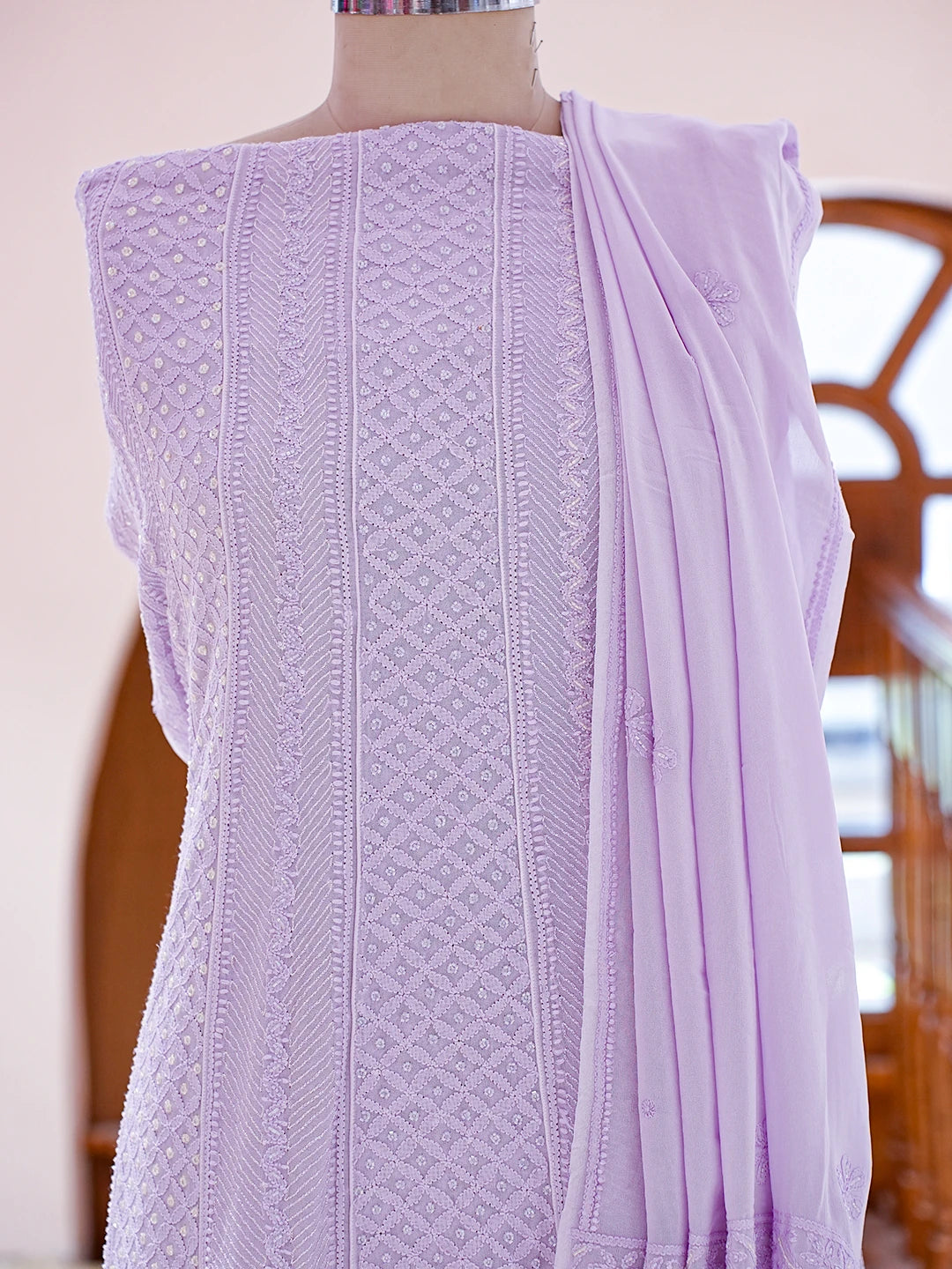 Ada Hand Embroidered Lavender Viscose Georgette Lucknowi Chikankari Semi-Stitched Anarkali Kurta Dupatta Set With Cutdana Work 01A800442