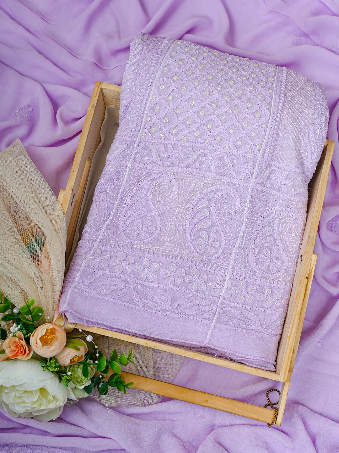 Ada Hand Embroidered Lavender Viscose Georgette Lucknowi Chikankari Semi-Stitched Anarkali Kurta Dupatta Set With Cutdana Work 01A800442