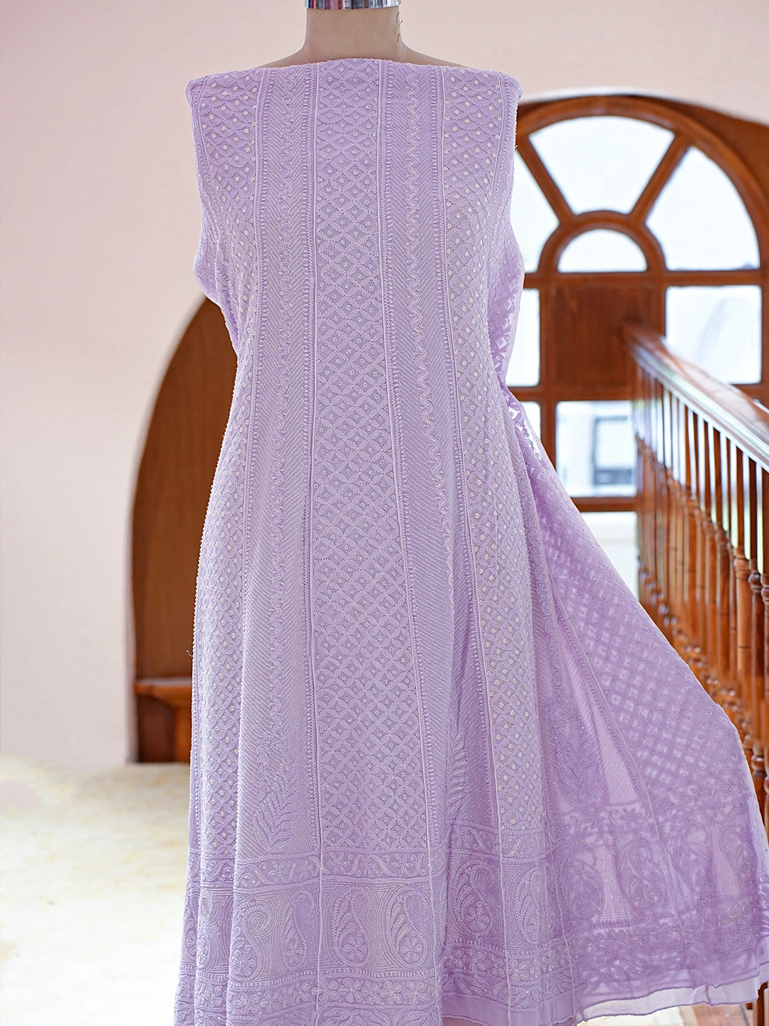 Ada Hand Embroidered Lavender Viscose Georgette Lucknowi Chikankari Semi-Stitched Anarkali Kurta Dupatta Set With Cutdana Work 01A800442