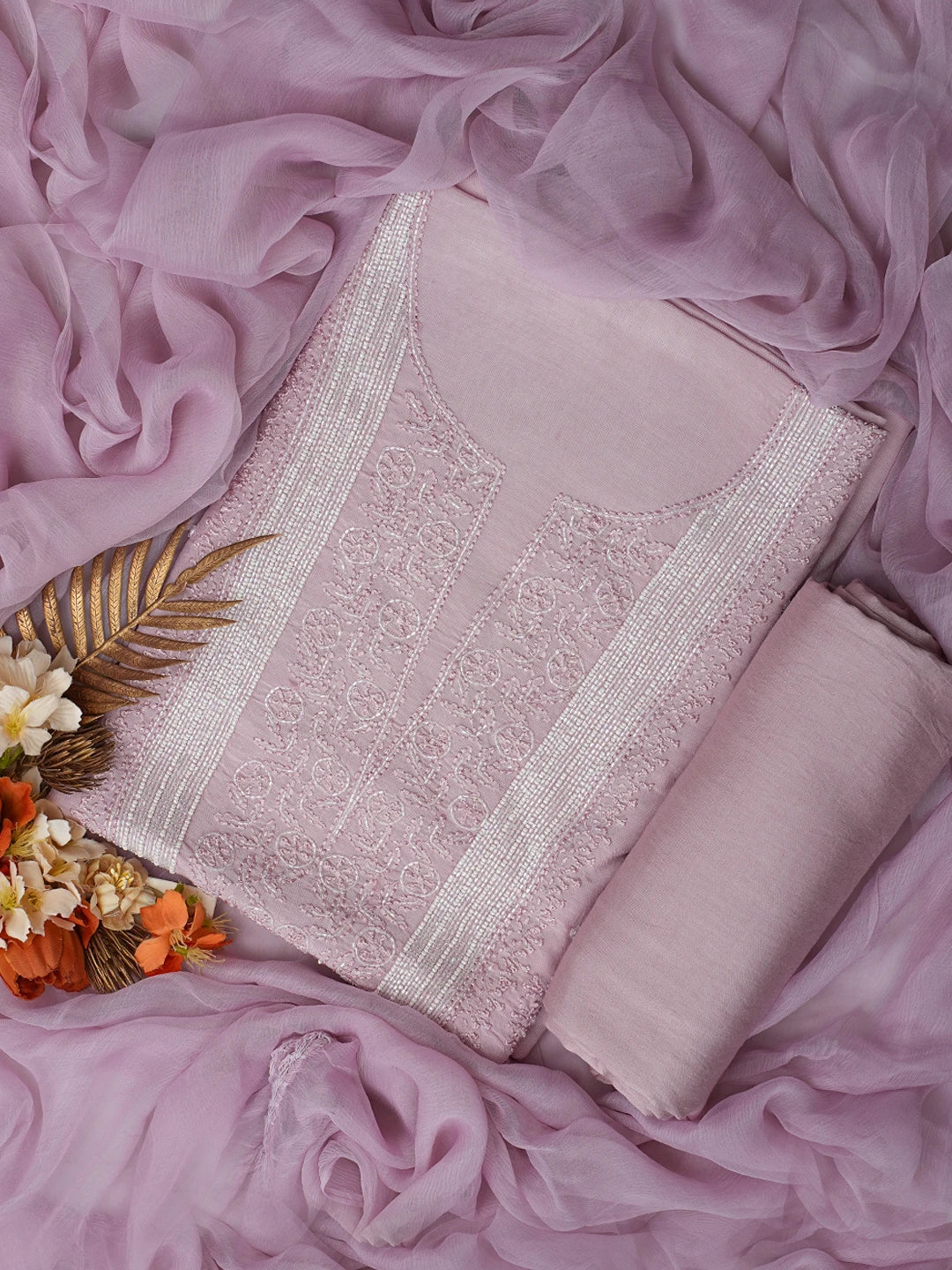 Ada Hand Embroidered Rosy Brown Muslin Lucknowi Chikankari Unstitched Suit Piece With Cutdana Work 01A814814
