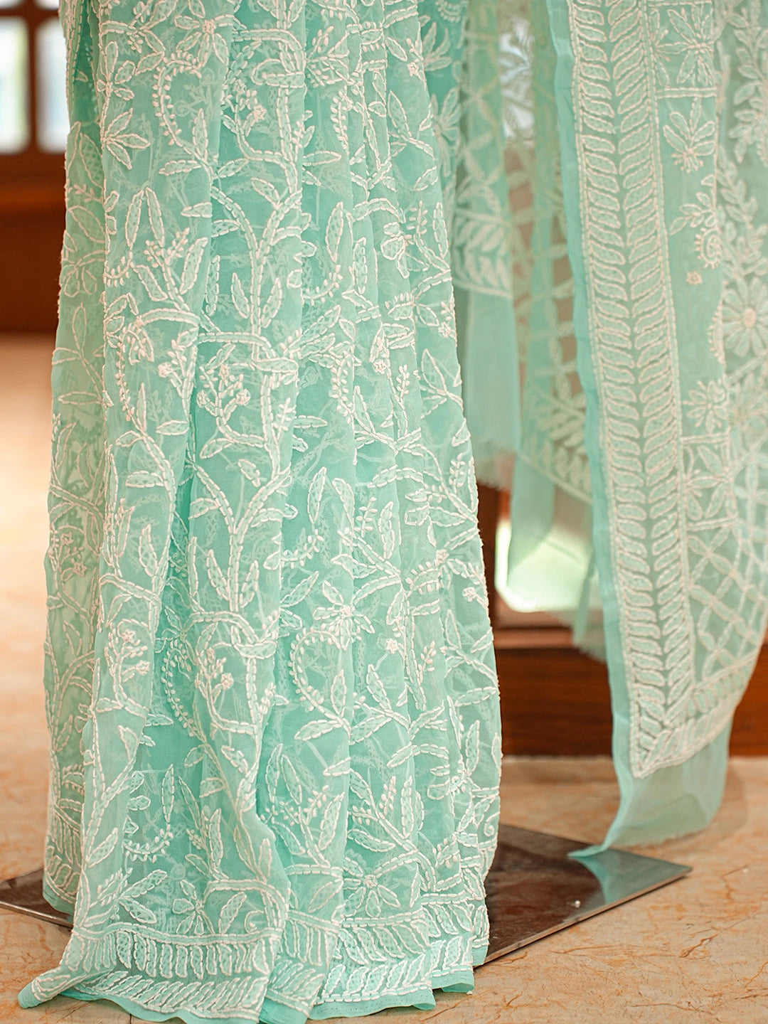 Ada Hand Embroidered Sea Green Georgette Lucknowi Chikankari Saree With Blouse 01A795594
