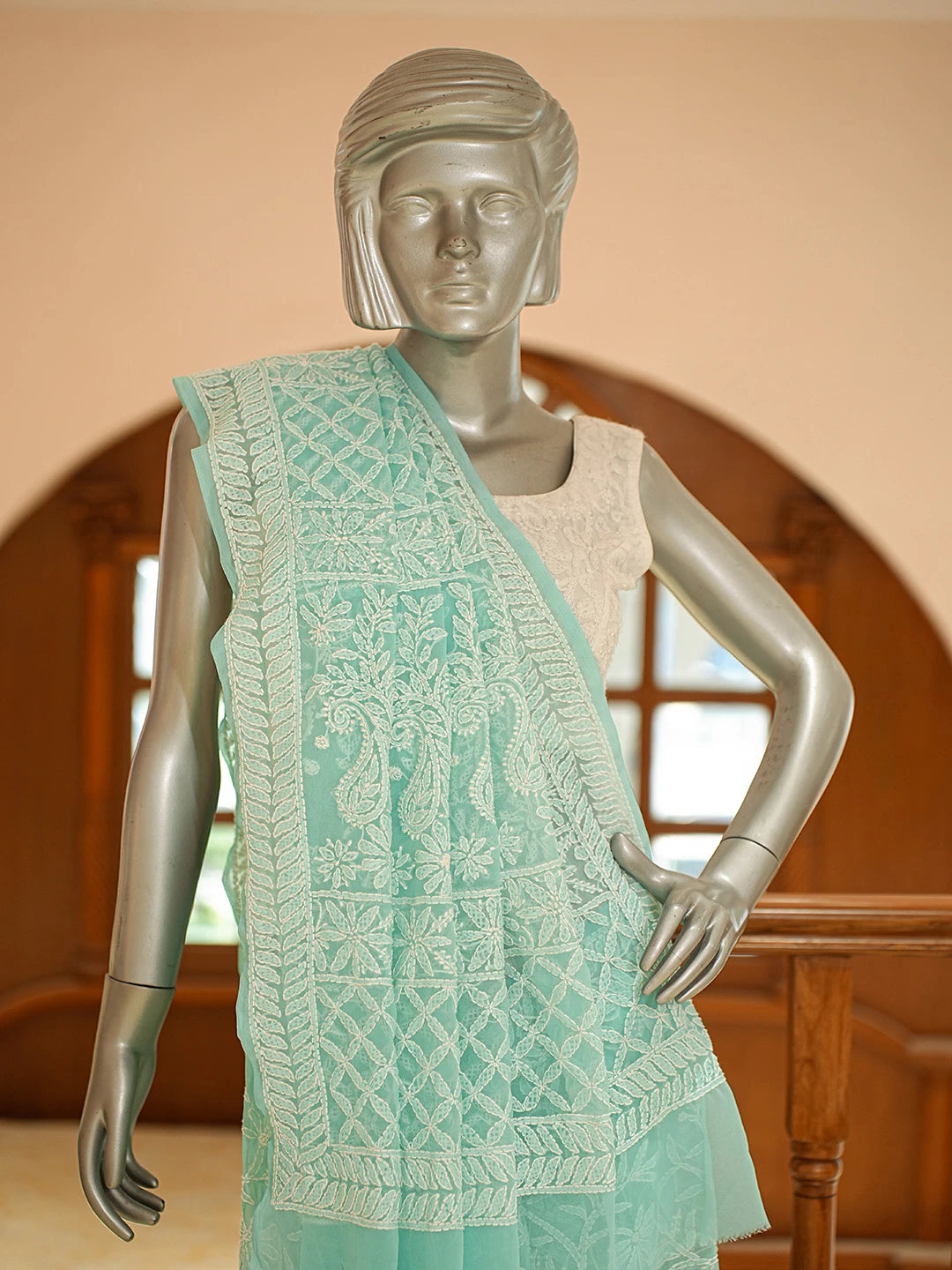 Ada Hand Embroidered Sea Green Georgette Lucknowi Chikankari Saree With Blouse 01A795594