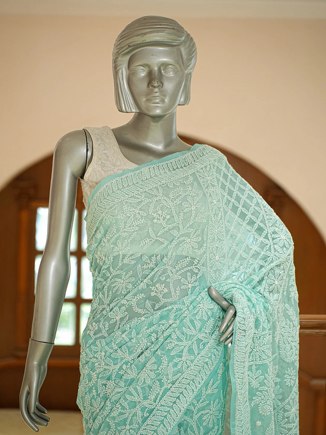 Ada Hand Embroidered Sea Green Georgette Lucknowi Chikankari Saree With Blouse 01A795594