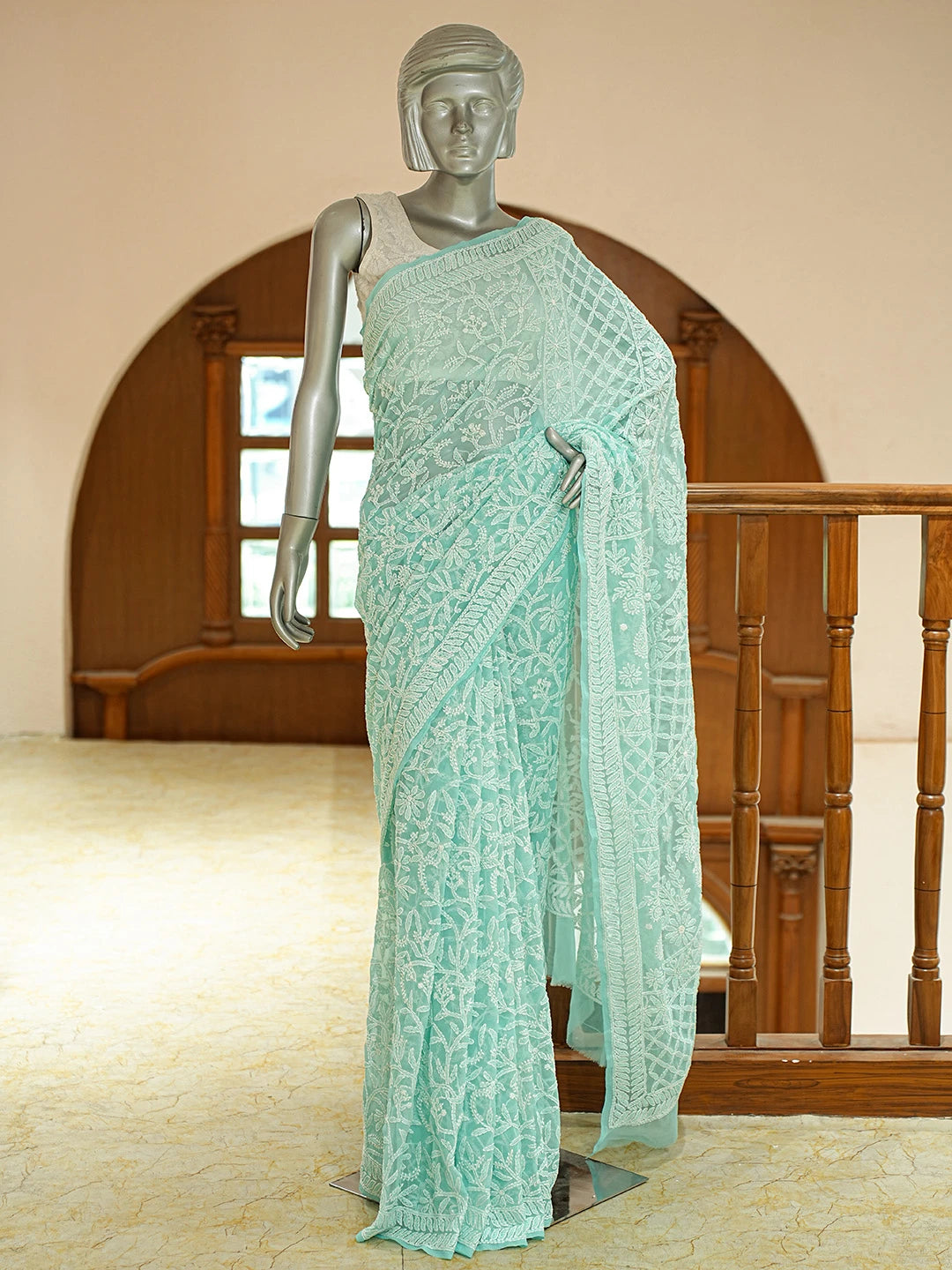 Ada Hand Embroidered Sea Green Georgette Lucknowi Chikankari Saree With Blouse 01A795594
