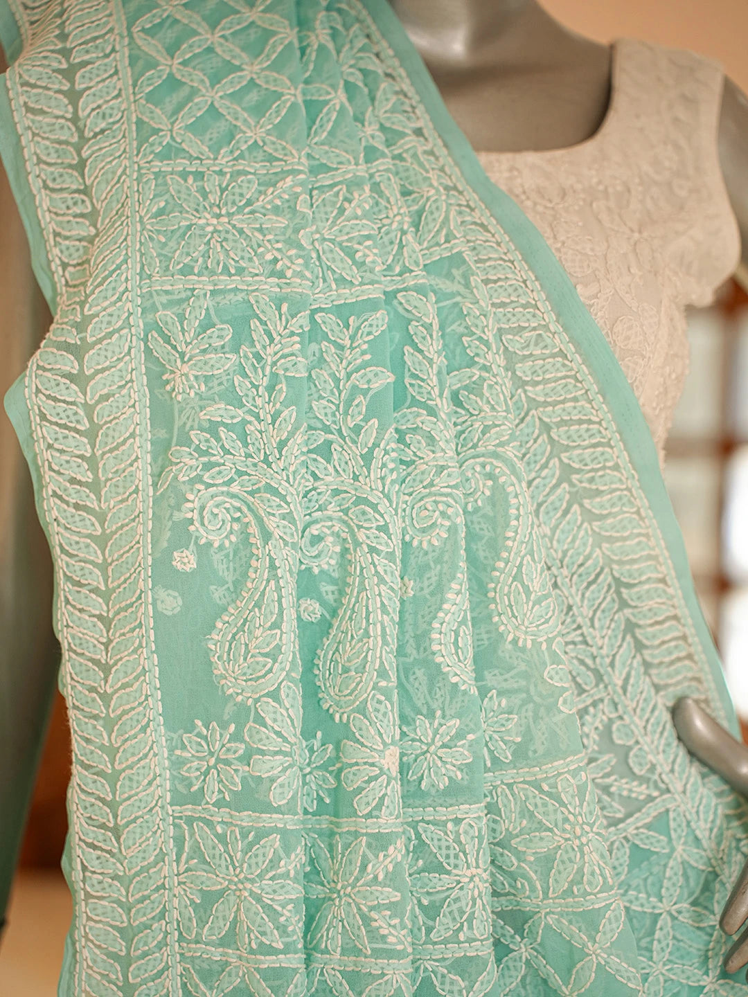 Ada Hand Embroidered Sea Green Georgette Lucknowi Chikankari Saree With Blouse 01A795594