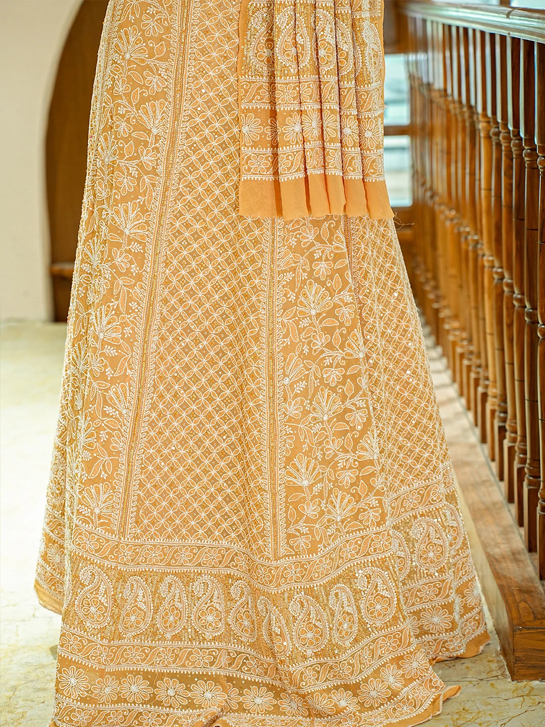 Ada Hand Embroidered Mustard Pure Georgette Lucknowi Chikankari Lehenga Set With Sequinned Work 01A748250