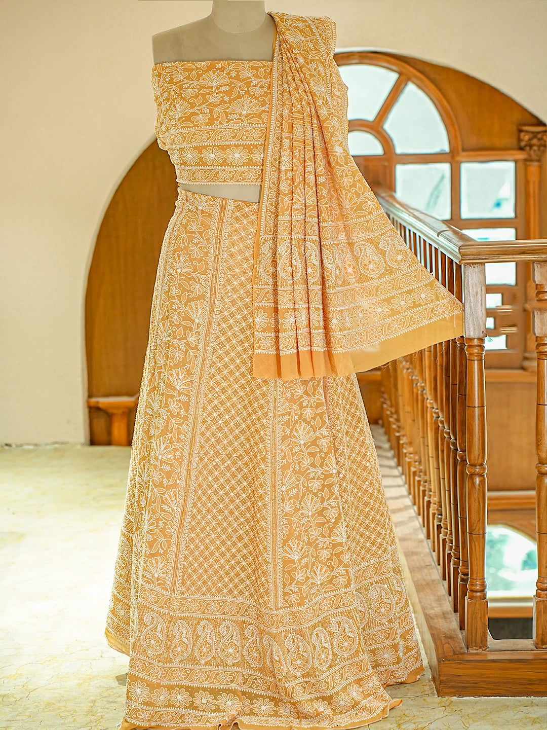 Ada Hand Embroidered Mustard Pure Georgette Lucknowi Chikankari Lehenga Set With Sequinned Work 01A748250