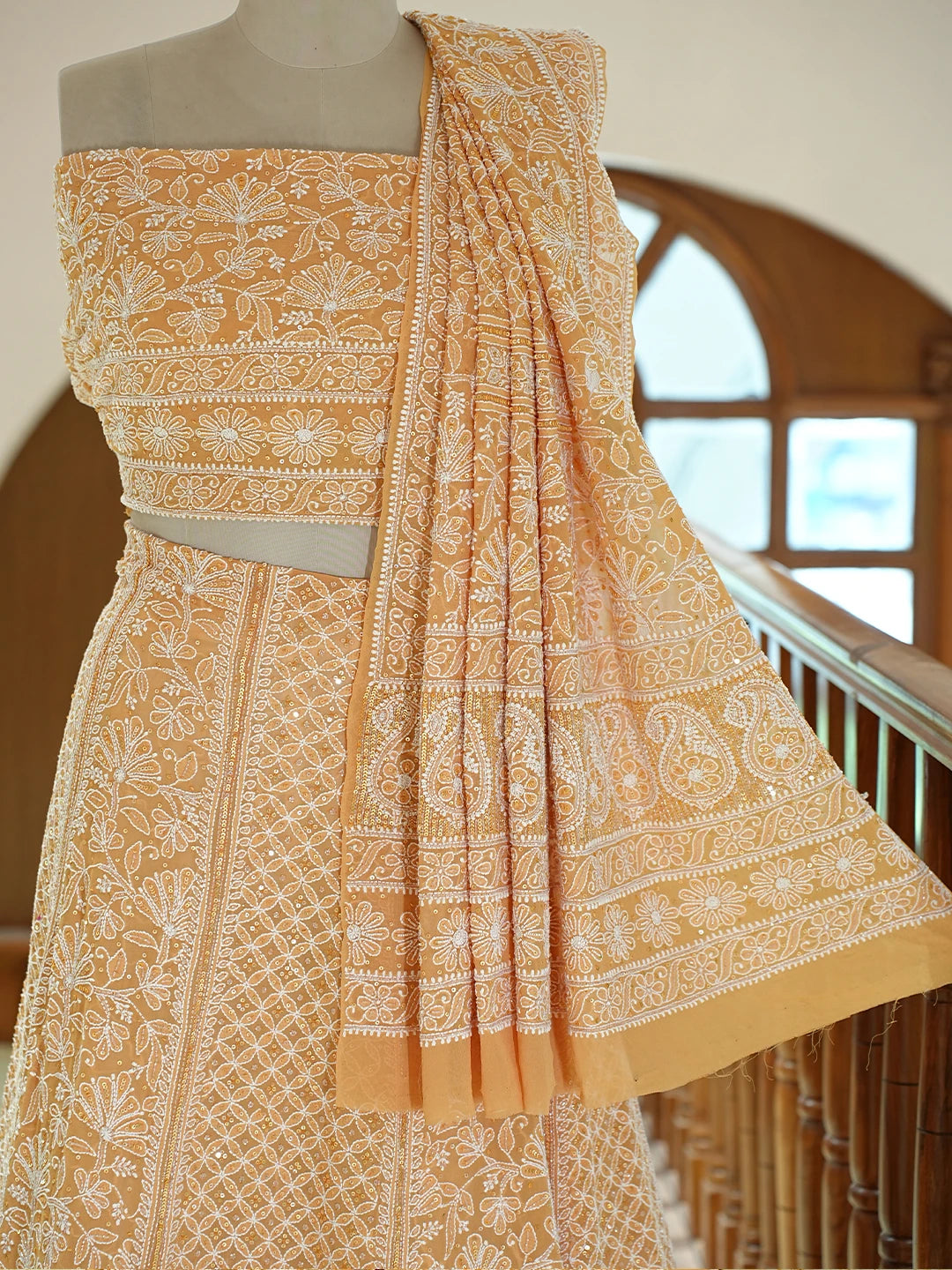 Ada Hand Embroidered Mustard Pure Georgette Lucknowi Chikankari Lehenga Set With Sequinned Work 01A748250