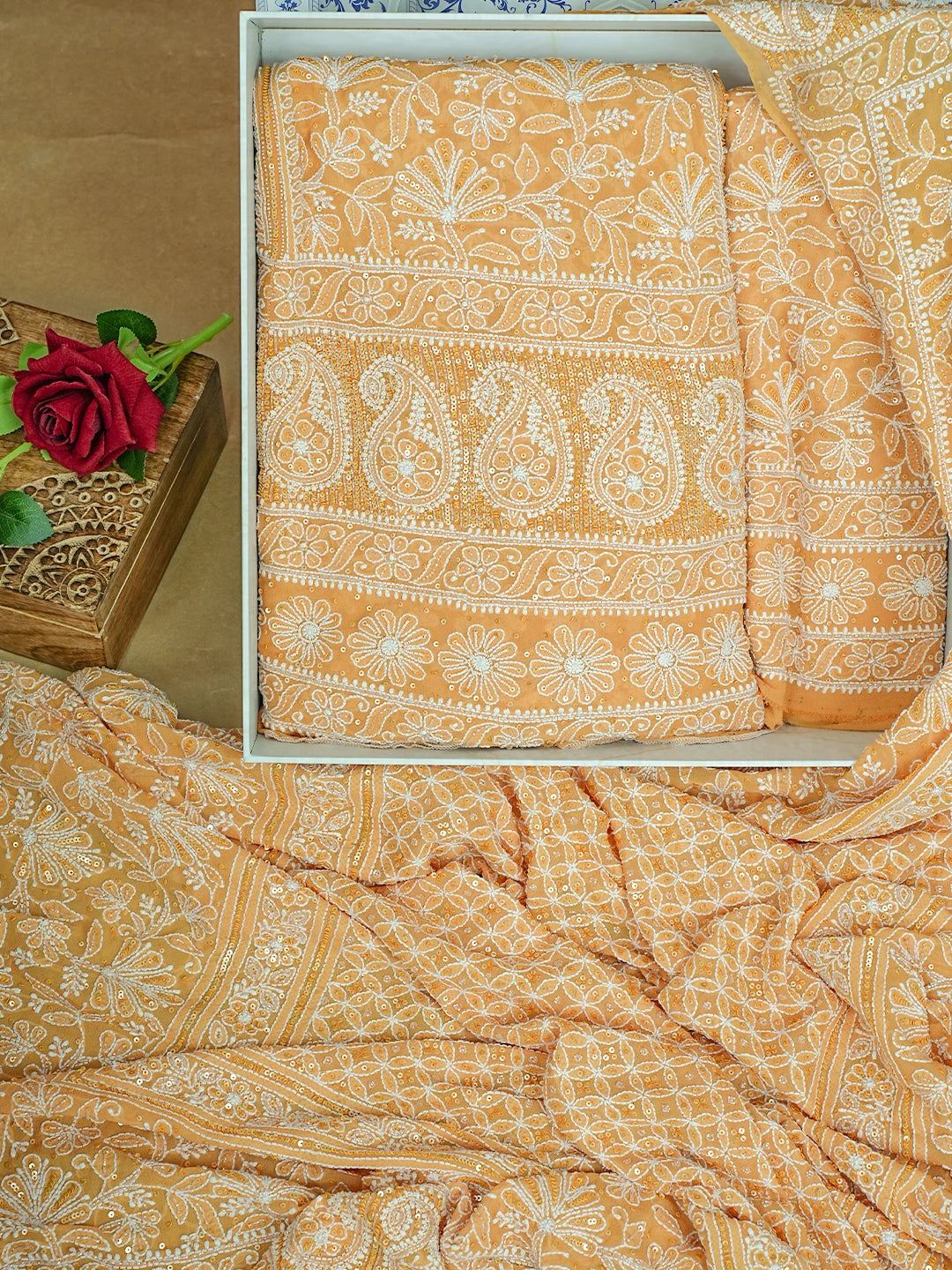 Ada Hand Embroidered Mustard Pure Georgette Lucknowi Chikankari Lehenga Set With Sequinned Work 01A748250