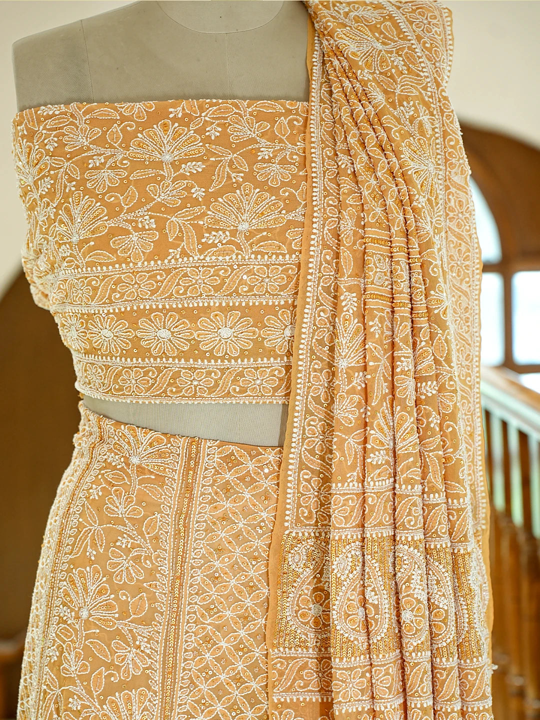 Ada Hand Embroidered Mustard Pure Georgette Lucknowi Chikankari Lehenga Set With Sequinned Work 01A748250