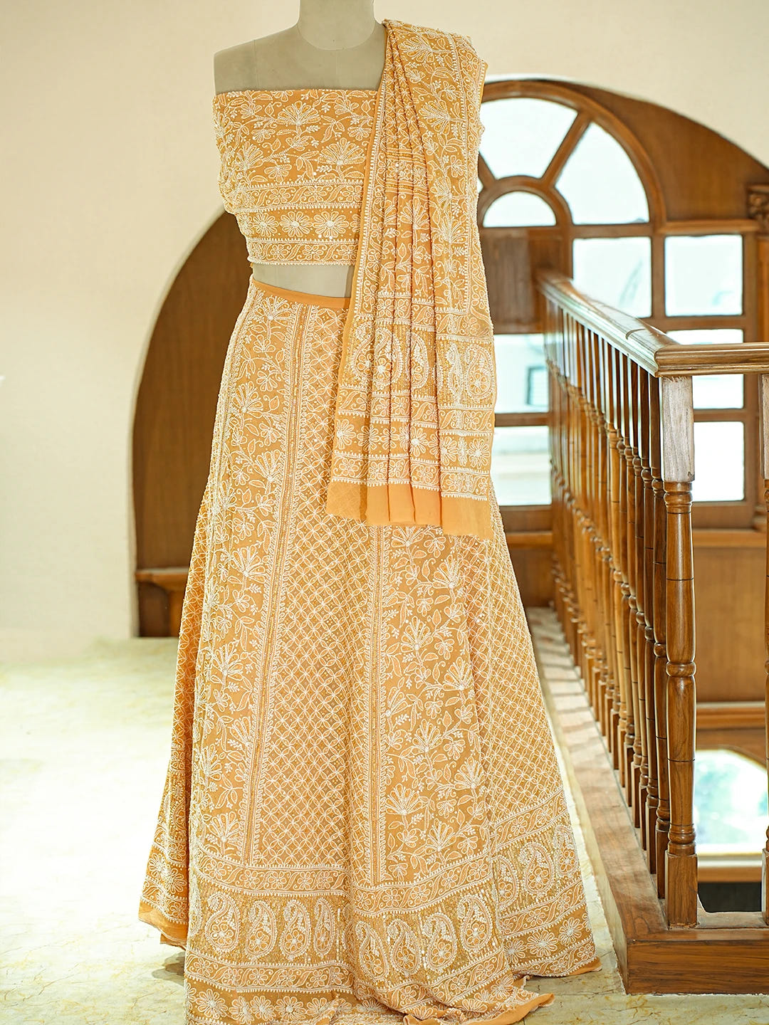 Ada Hand Embroidered Mustard Pure Georgette Lucknowi Chikankari Lehenga Set With Sequinned Work 01A748250