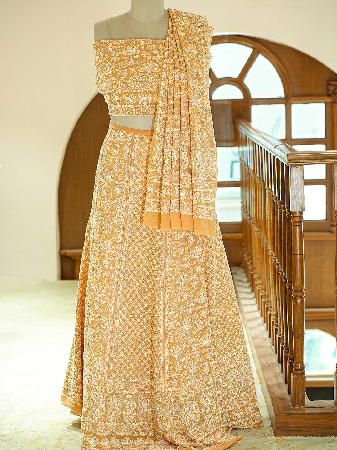 Ada Hand Embroidered Mustard Pure Georgette Lucknowi Chikankari Lehenga Set With Sequinned Work 01A748250