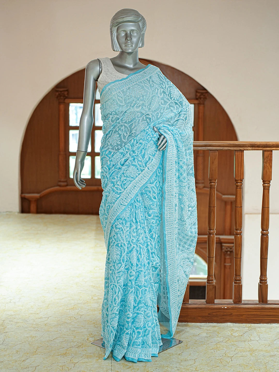 Ada Hand Embroidered Blue Georgette Lucknowi Chikankari Saree With Blouse 01A795597