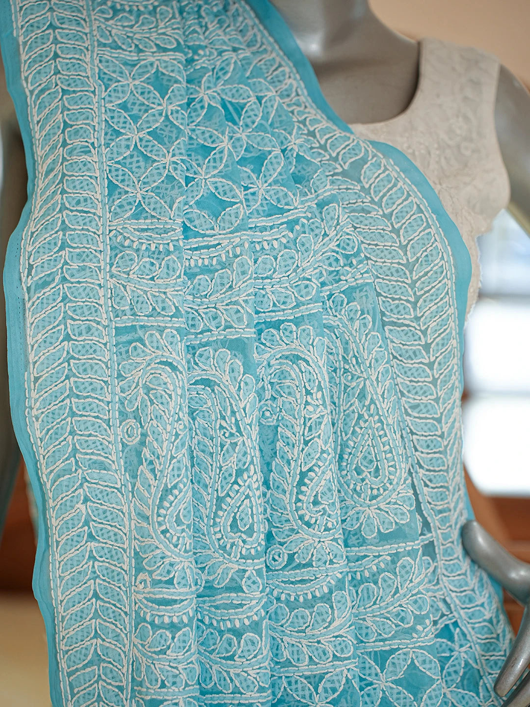 Ada Hand Embroidered Blue Georgette Lucknowi Chikankari Saree With Blouse 01A795597