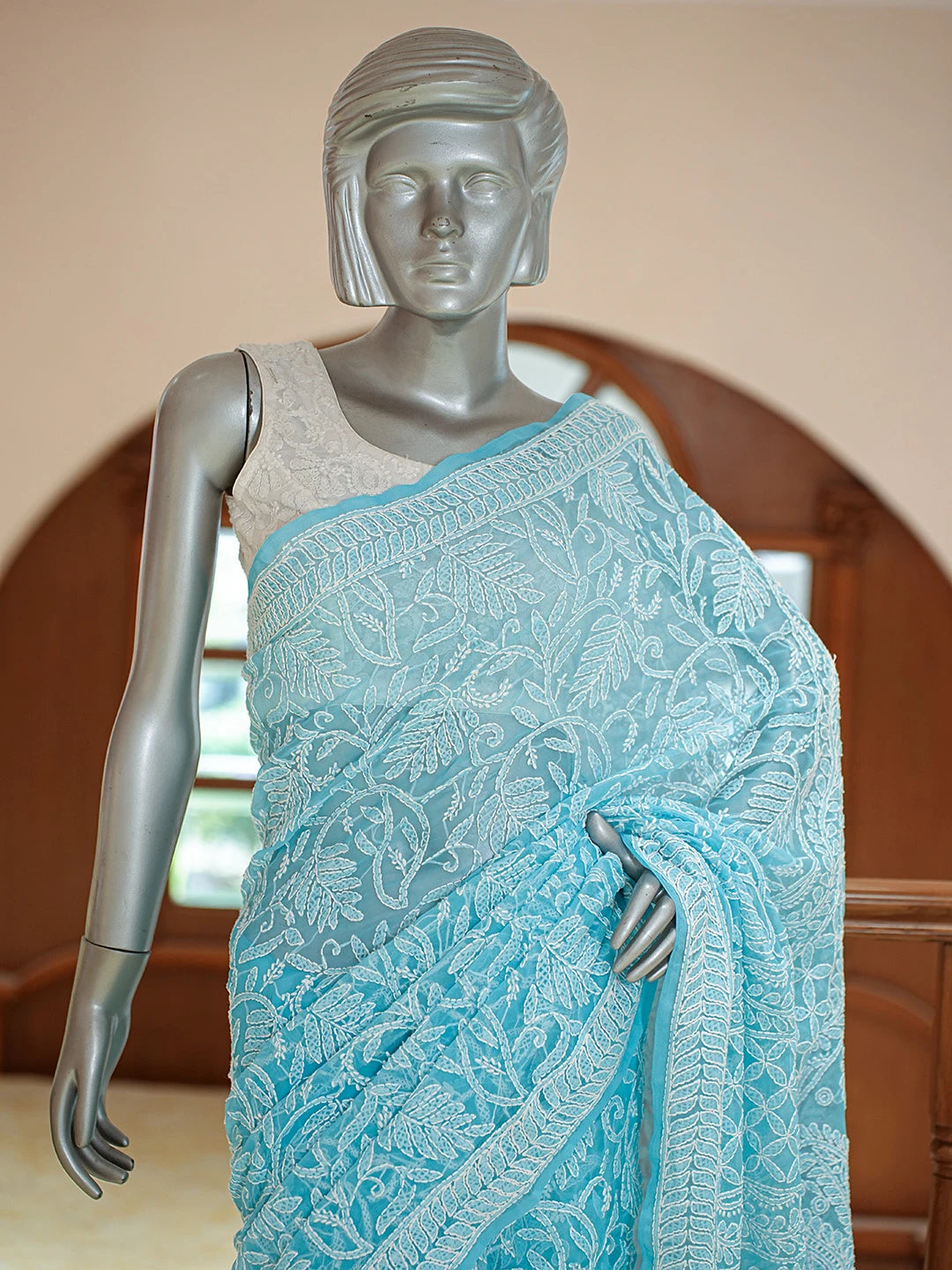 Ada Hand Embroidered Blue Georgette Lucknowi Chikankari Saree With Blouse 01A795597