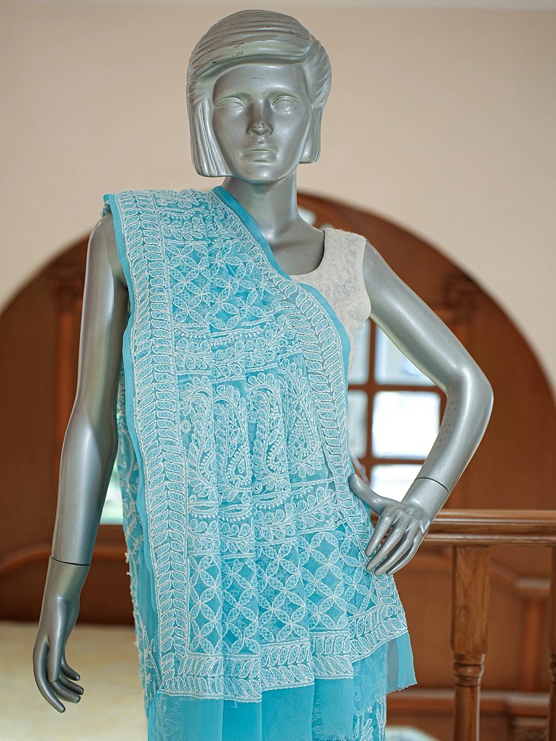 Ada Hand Embroidered Blue Georgette Lucknowi Chikankari Saree With Blouse 01A795597