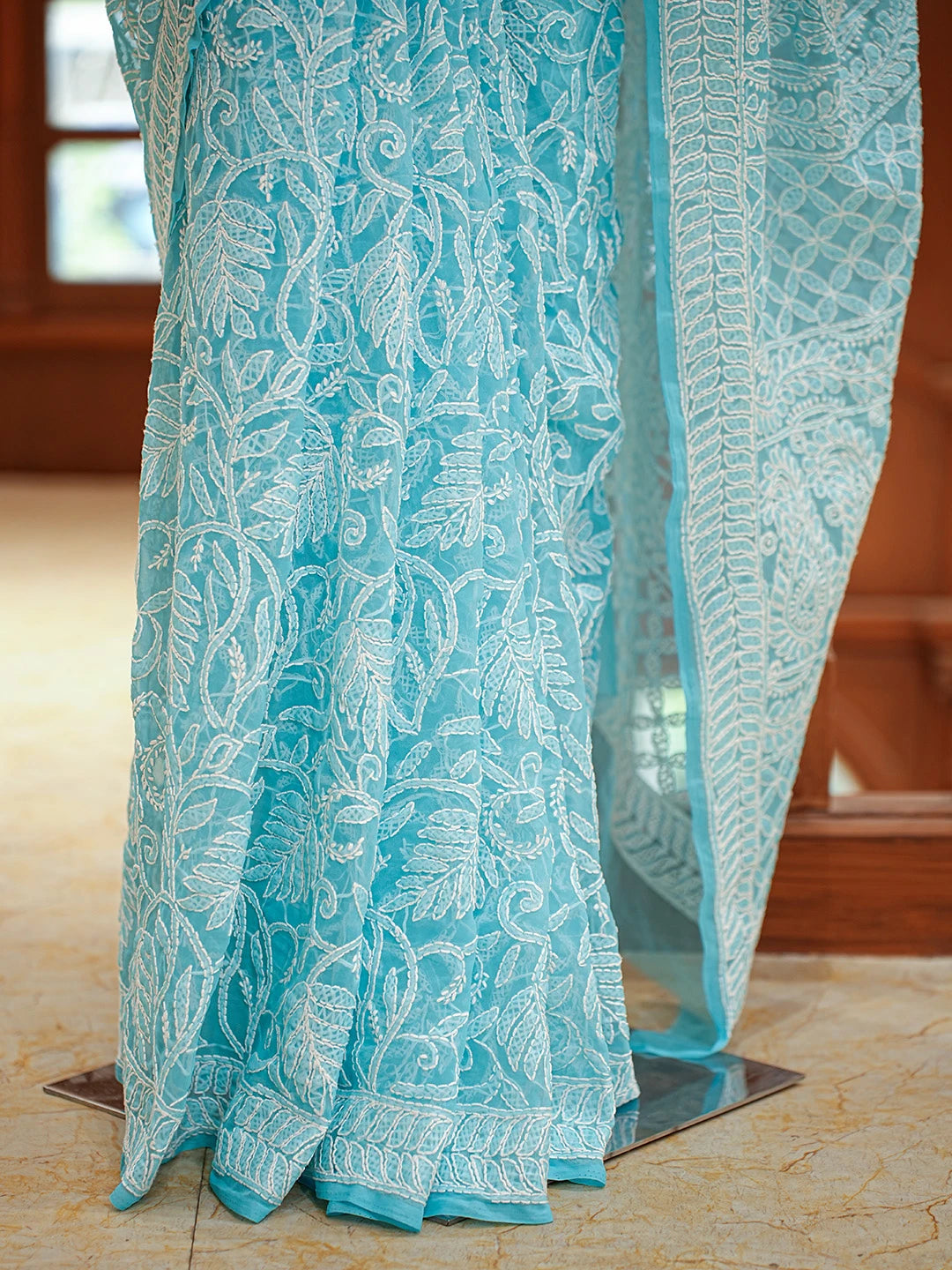 Ada Hand Embroidered Blue Georgette Lucknowi Chikankari Saree With Blouse 01A795597