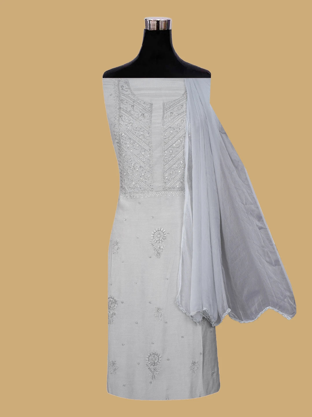 Ada Hand Embroidered Grey Muslin Lucknowi Chikankari Unstitched Suit Piece With Cutdana Work 01A814837
