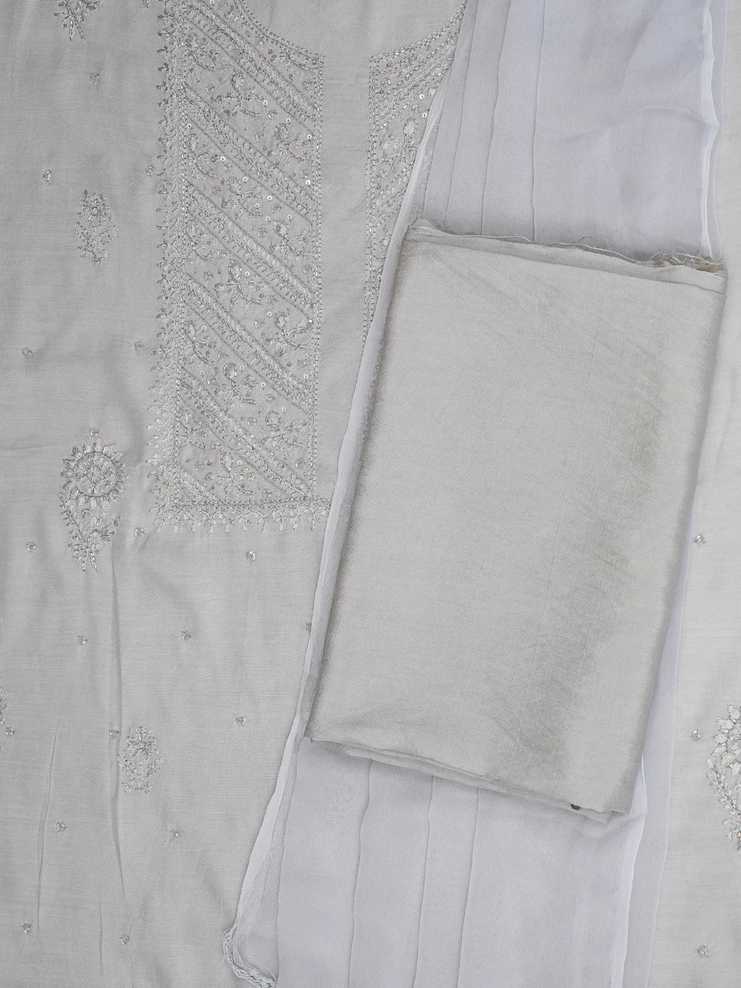 Ada Hand Embroidered Grey Muslin Lucknowi Chikankari Unstitched Suit Piece With Cutdana Work 01A814837