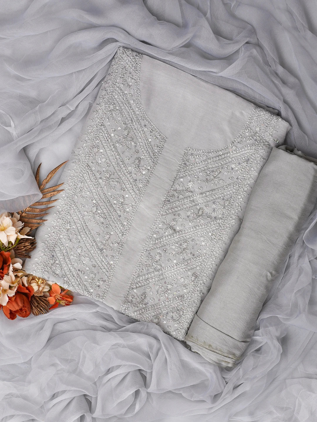 Ada Hand Embroidered Grey Muslin Lucknowi Chikankari Unstitched Suit Piece With Cutdana Work 01A814837