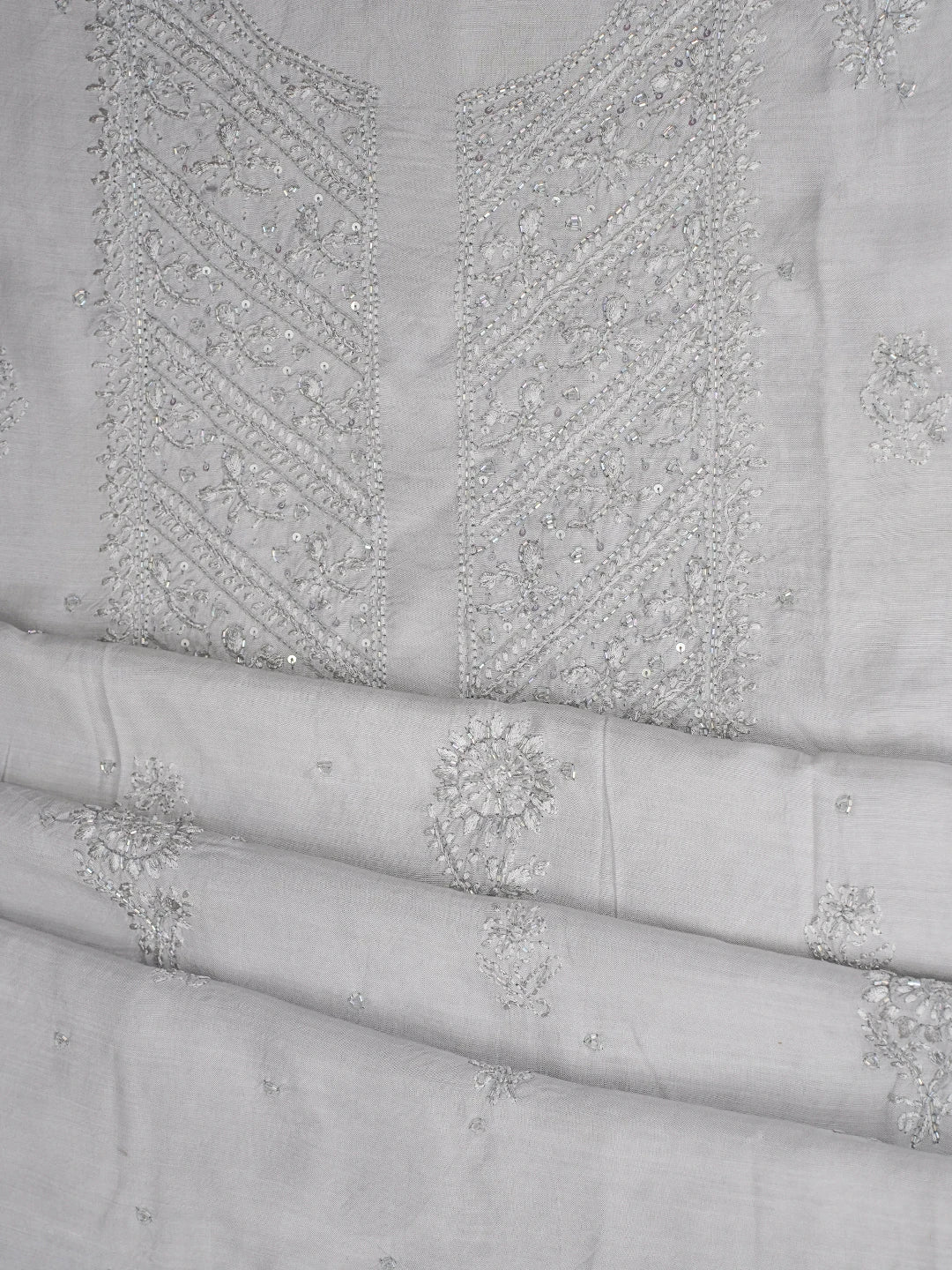 Ada Hand Embroidered Grey Muslin Lucknowi Chikankari Unstitched Suit Piece With Cutdana Work 01A814837