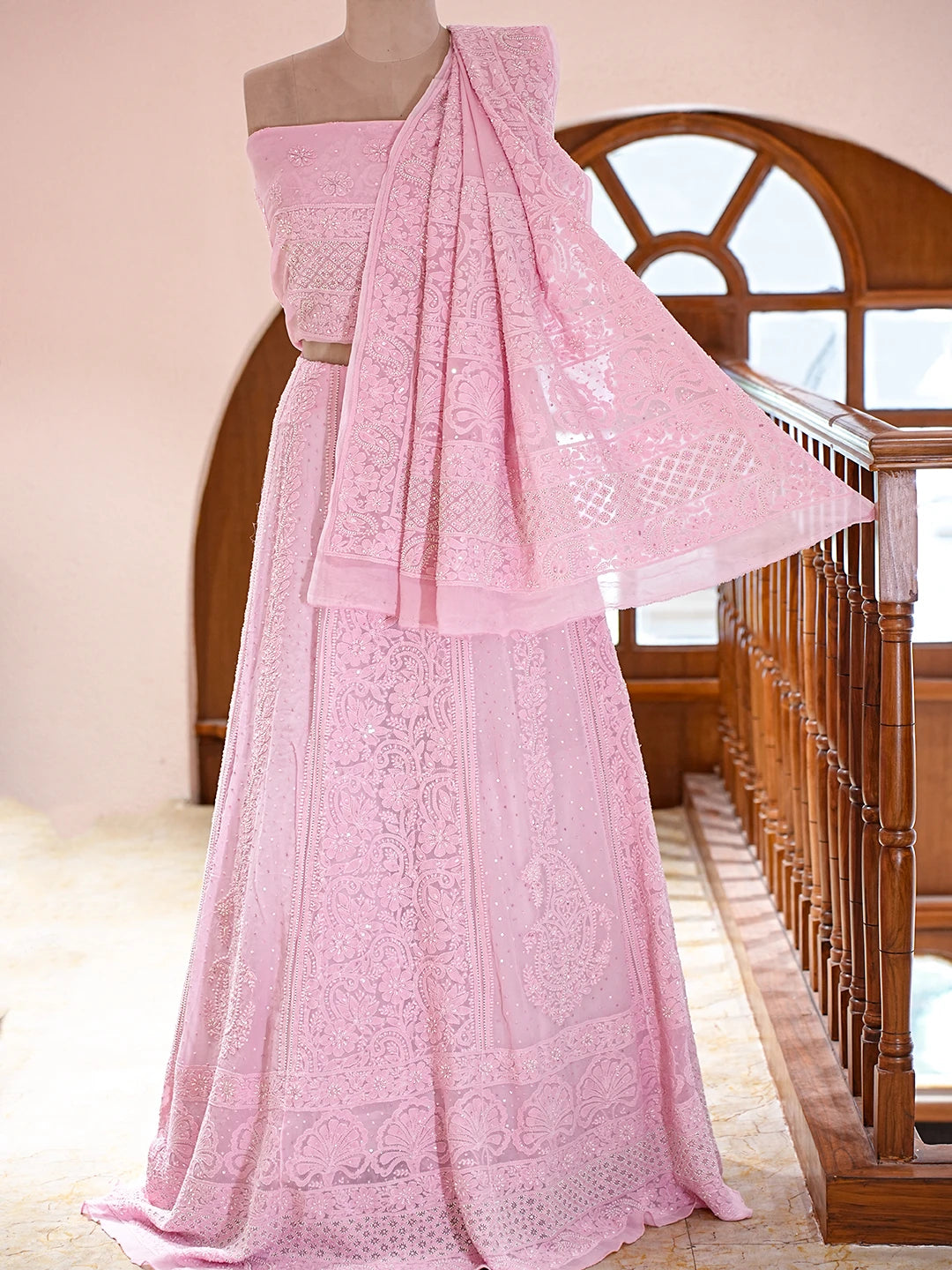 Ada Hand Embroidered Pink Viscose Georgette Lucknowi Chikankari Lehenga Set With Pearl Work 01A754688