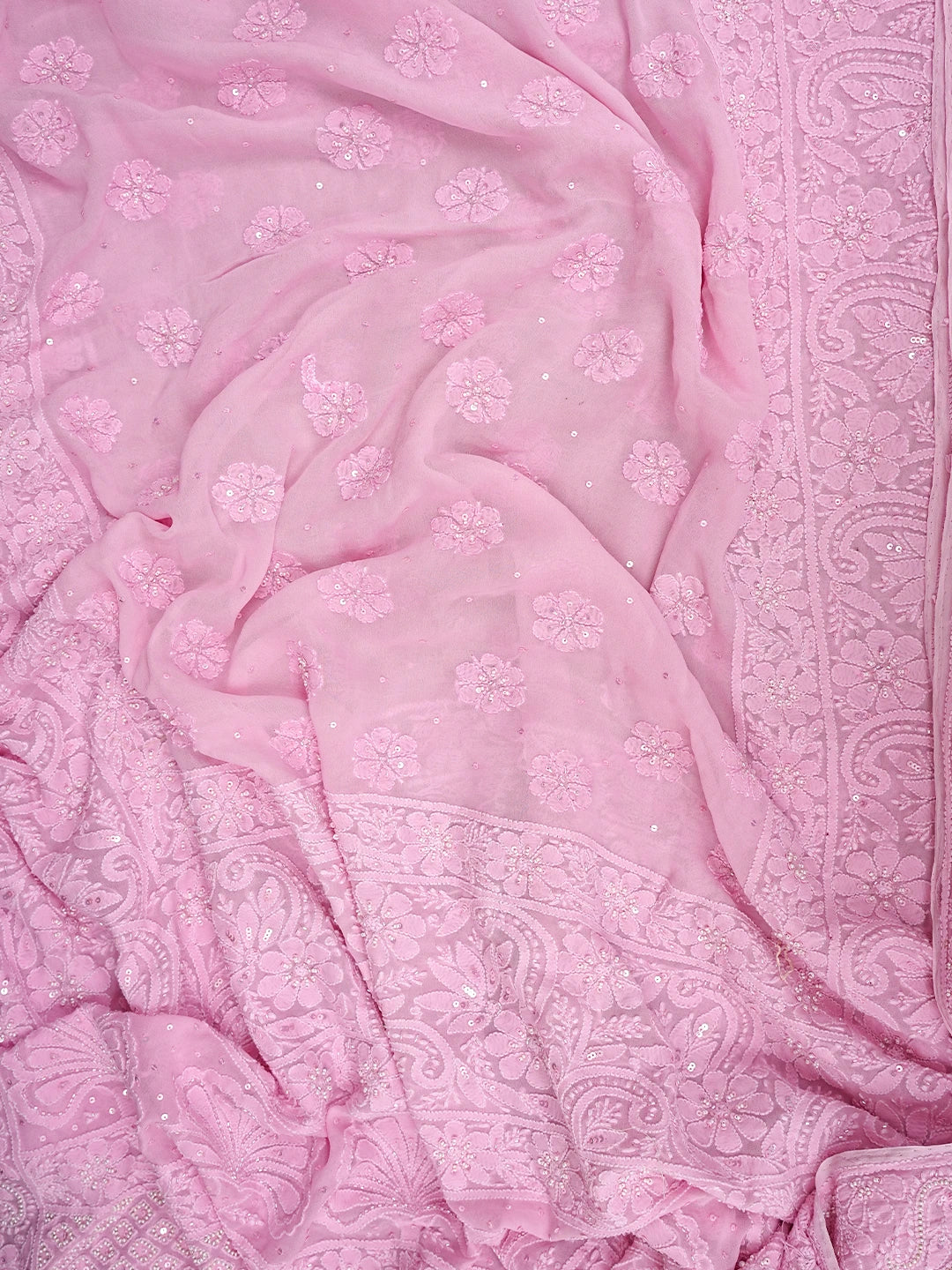 Ada Hand Embroidered Pink Viscose Georgette Lucknowi Chikankari Lehenga Set With Pearl Work 01A754688