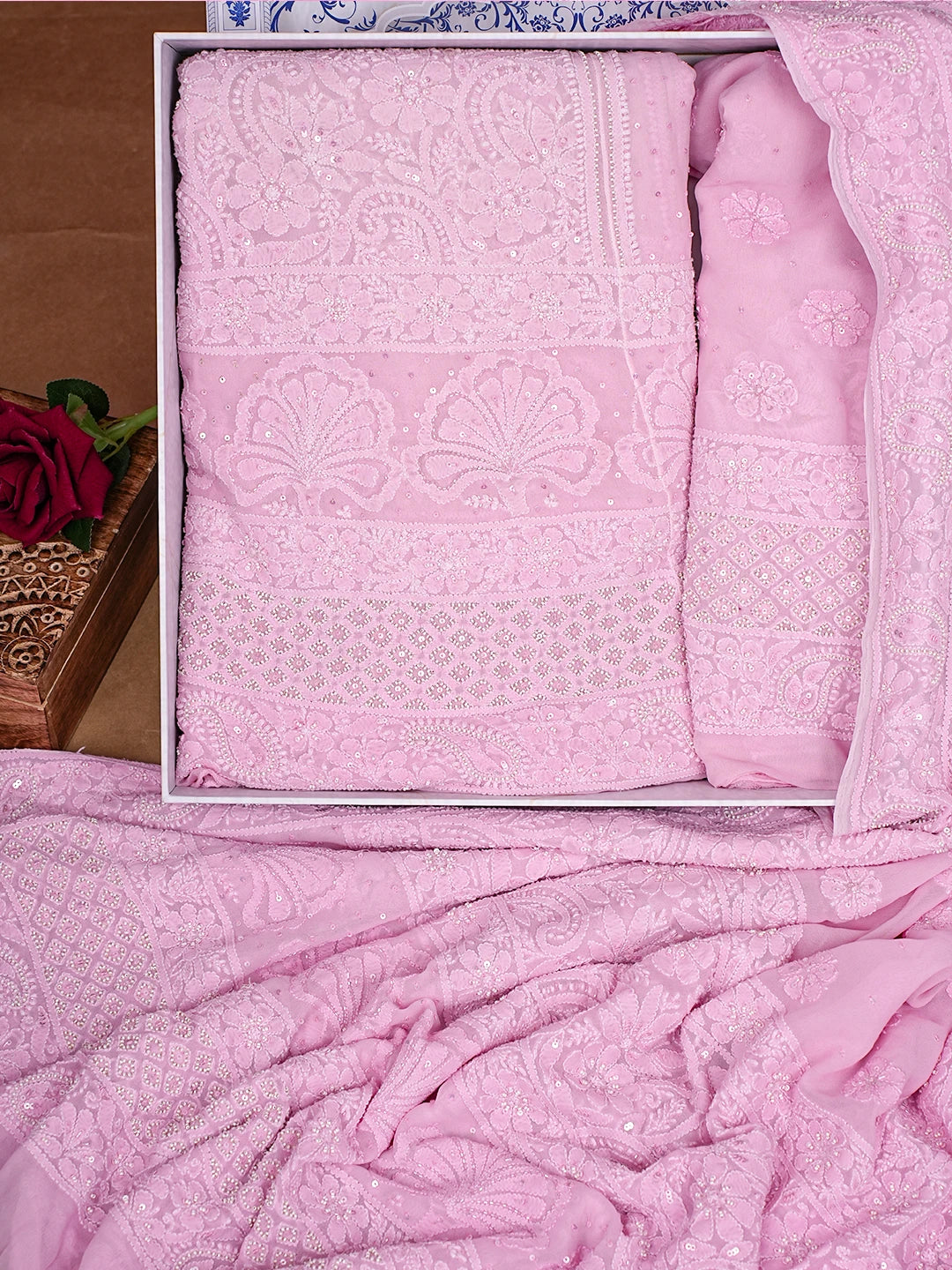 Ada Hand Embroidered Pink Viscose Georgette Lucknowi Chikankari Lehenga Set With Pearl Work 01A754688