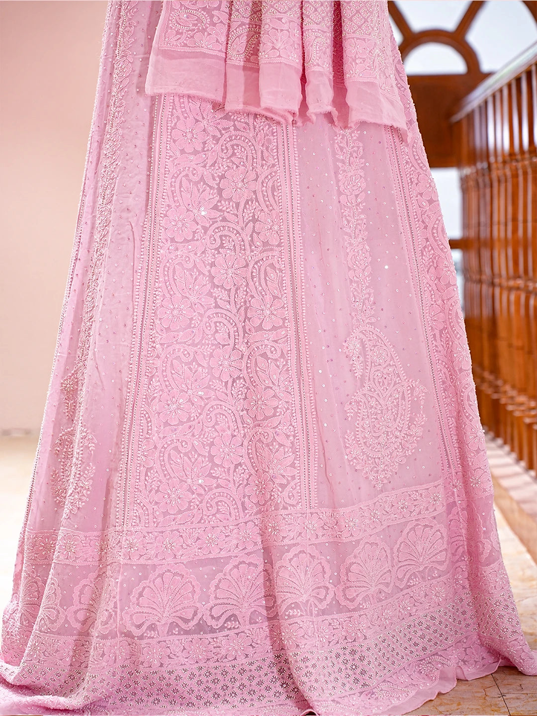 Ada Hand Embroidered Pink Viscose Georgette Lucknowi Chikankari Lehenga Set With Pearl Work 01A754688