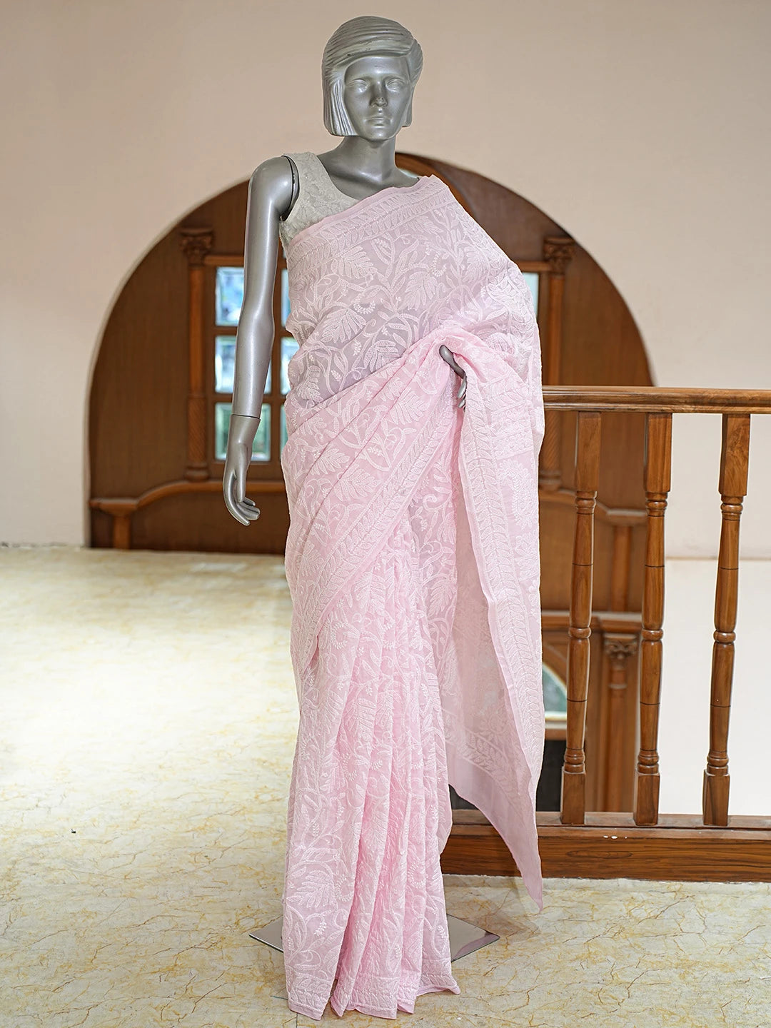 Ada Hand Embroidered Pink Cotton Lucknowi Chikankari Saree With Blouse 01A785804