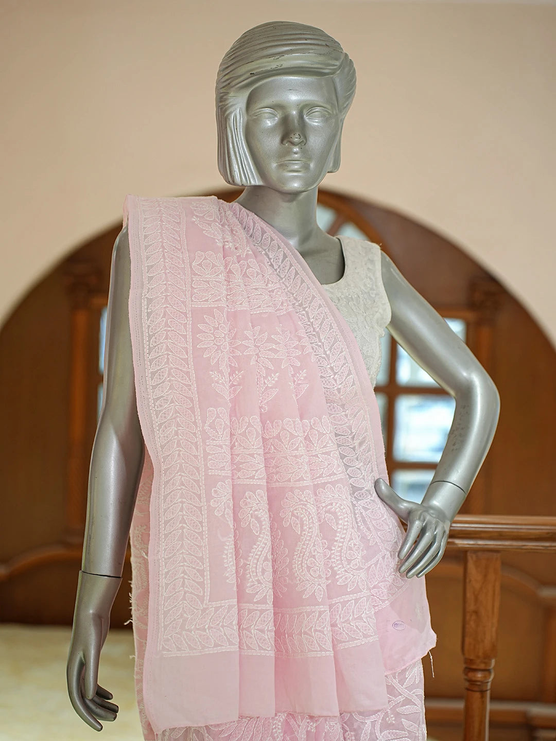 Ada Hand Embroidered Pink Cotton Lucknowi Chikankari Saree With Blouse 01A785804