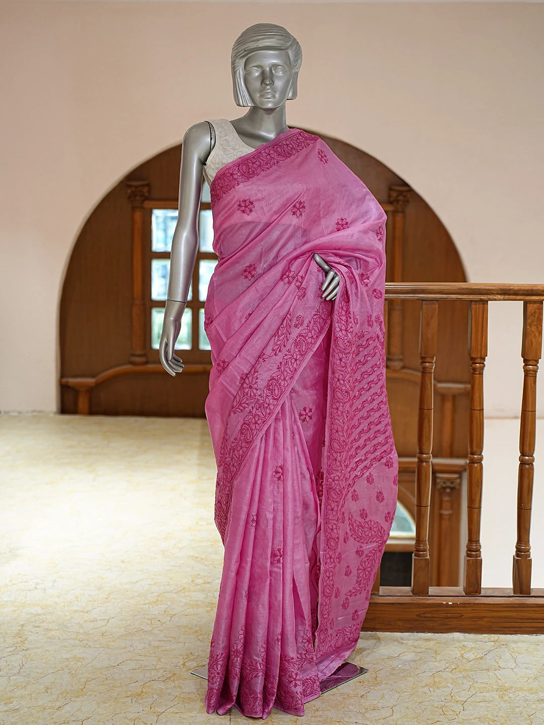 Ada Hand Embroidered Onion Pink Silk Lucknowi Chikankari Saree With Blouse 01A808666